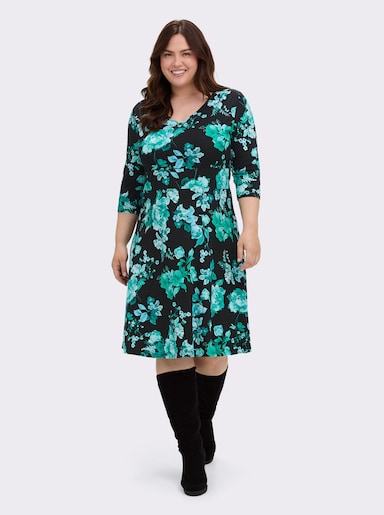sheego by Joe Browns Jerseykleid mit V-Auschnitt und weitem Rockteil - schwarz-bedruckt