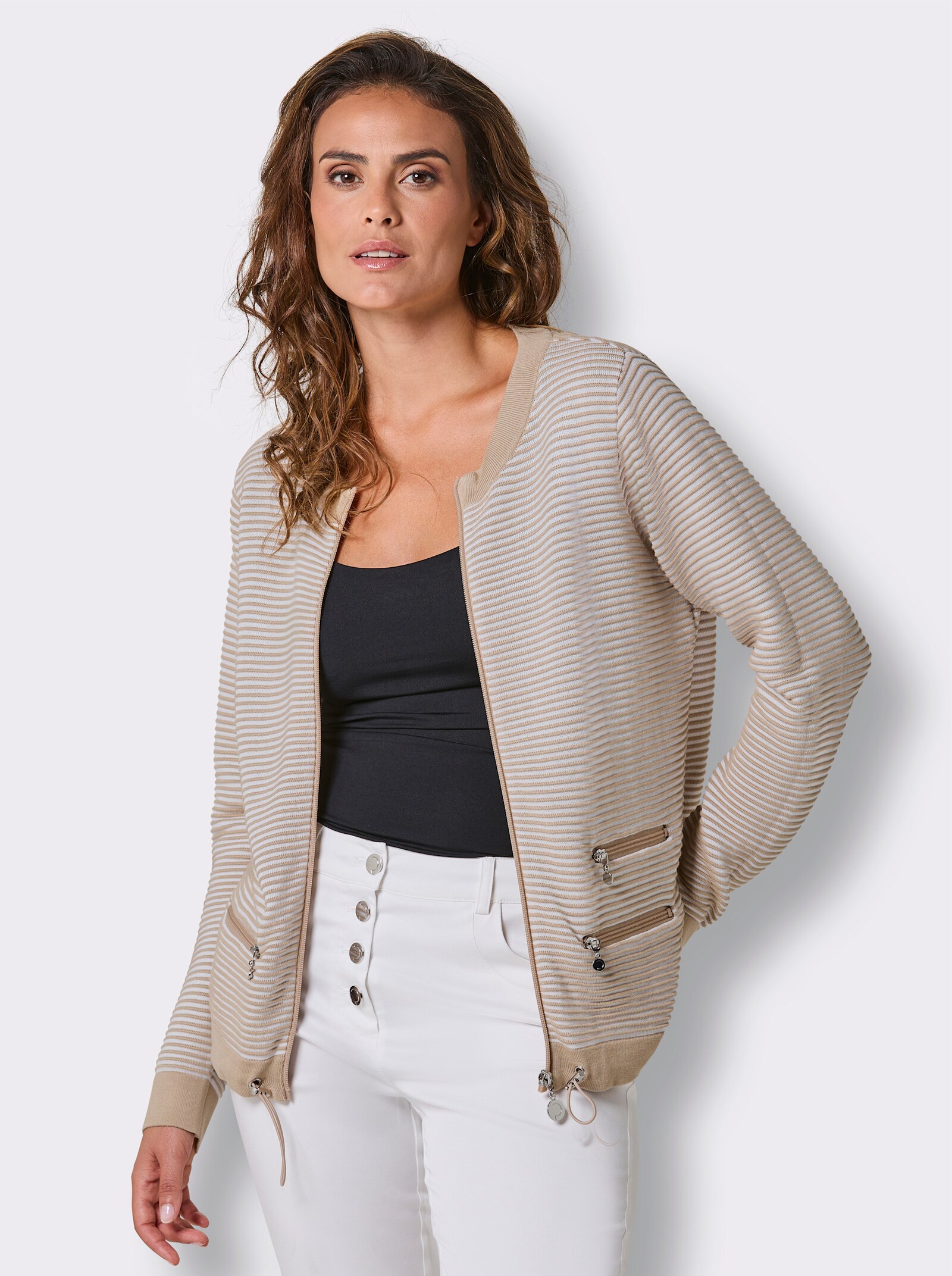 CREATION L PREMIUM Strickjacke in Ripp-Qualität - beige-weiß