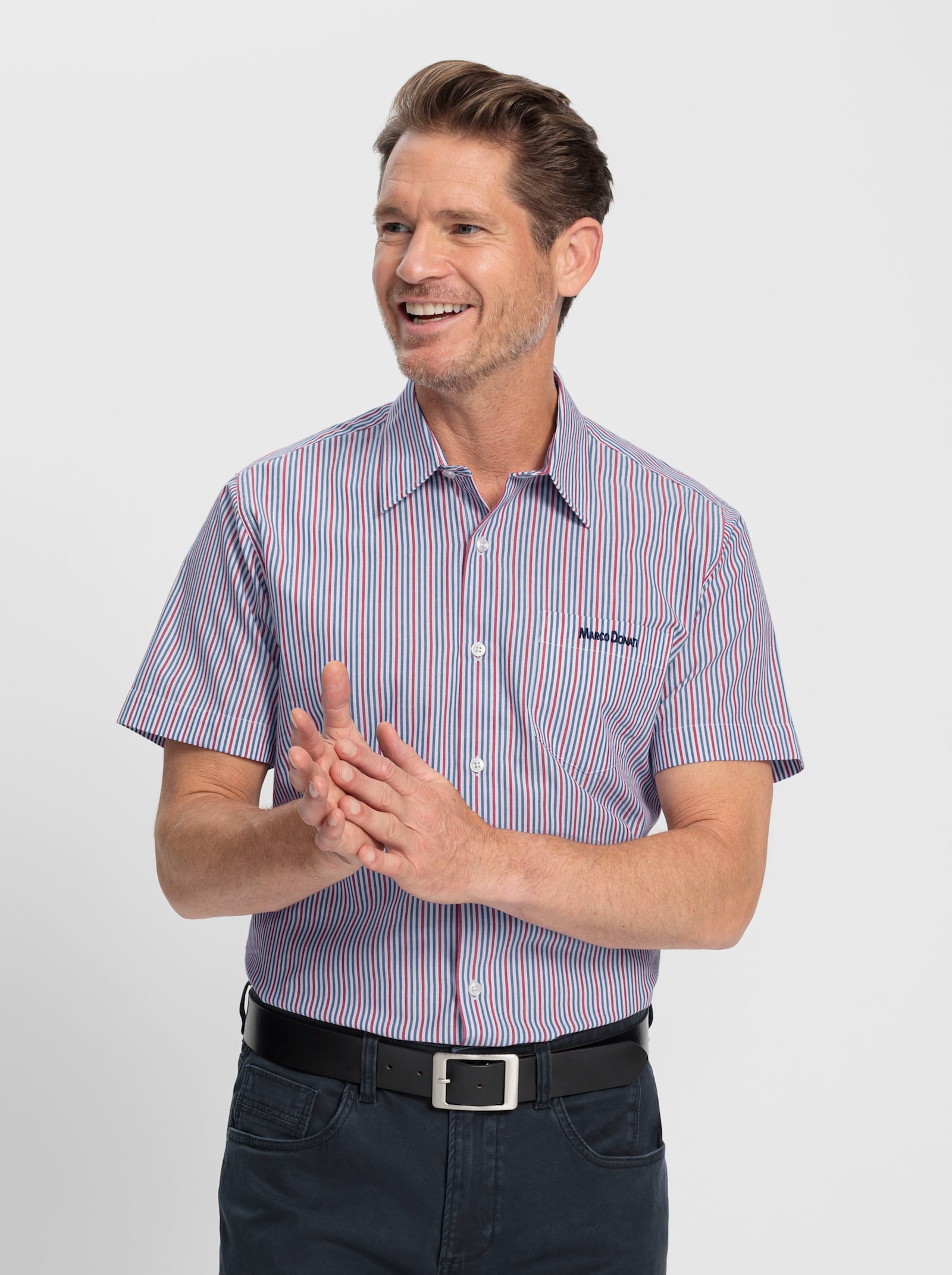 Marco Donati Kurzarmhemd garngefärbt und bügelfrei - jeansblau-erdbeere-gestreift