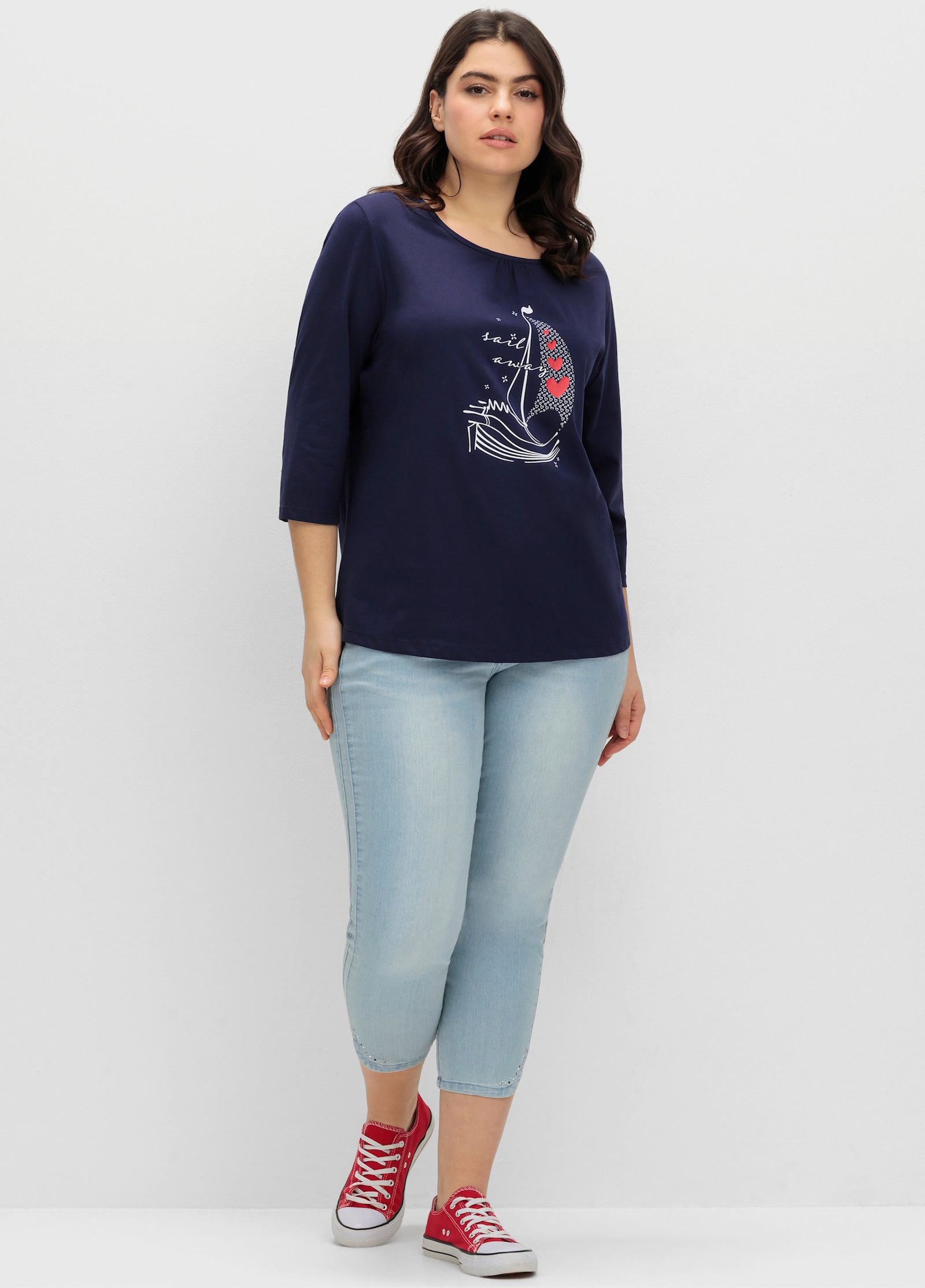 3/4-Arm-Shirt aus reiner Baumwolle - marine-ecru