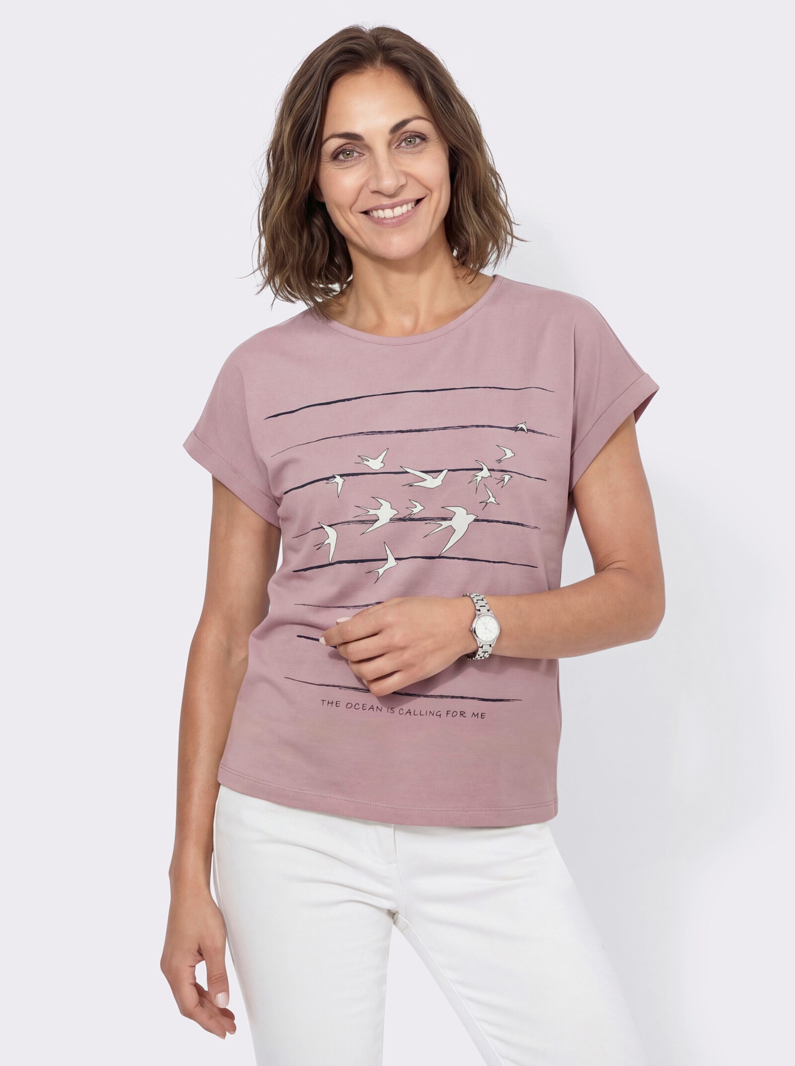 Print-Shirt mit überschnittenen Schultern - mauve-marine-bedruckt