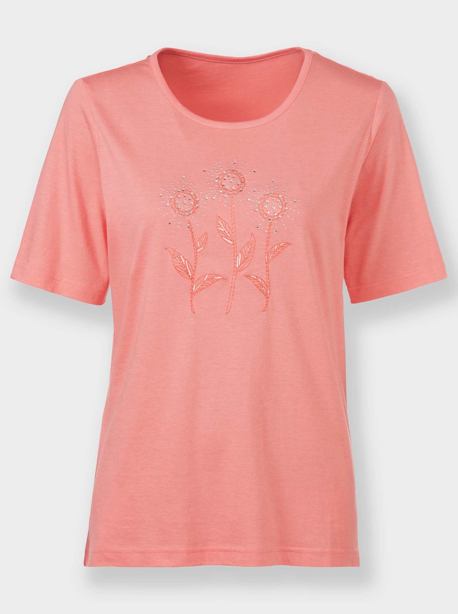 Kurzarmshirt mit Blümchenstickerei - flamingo