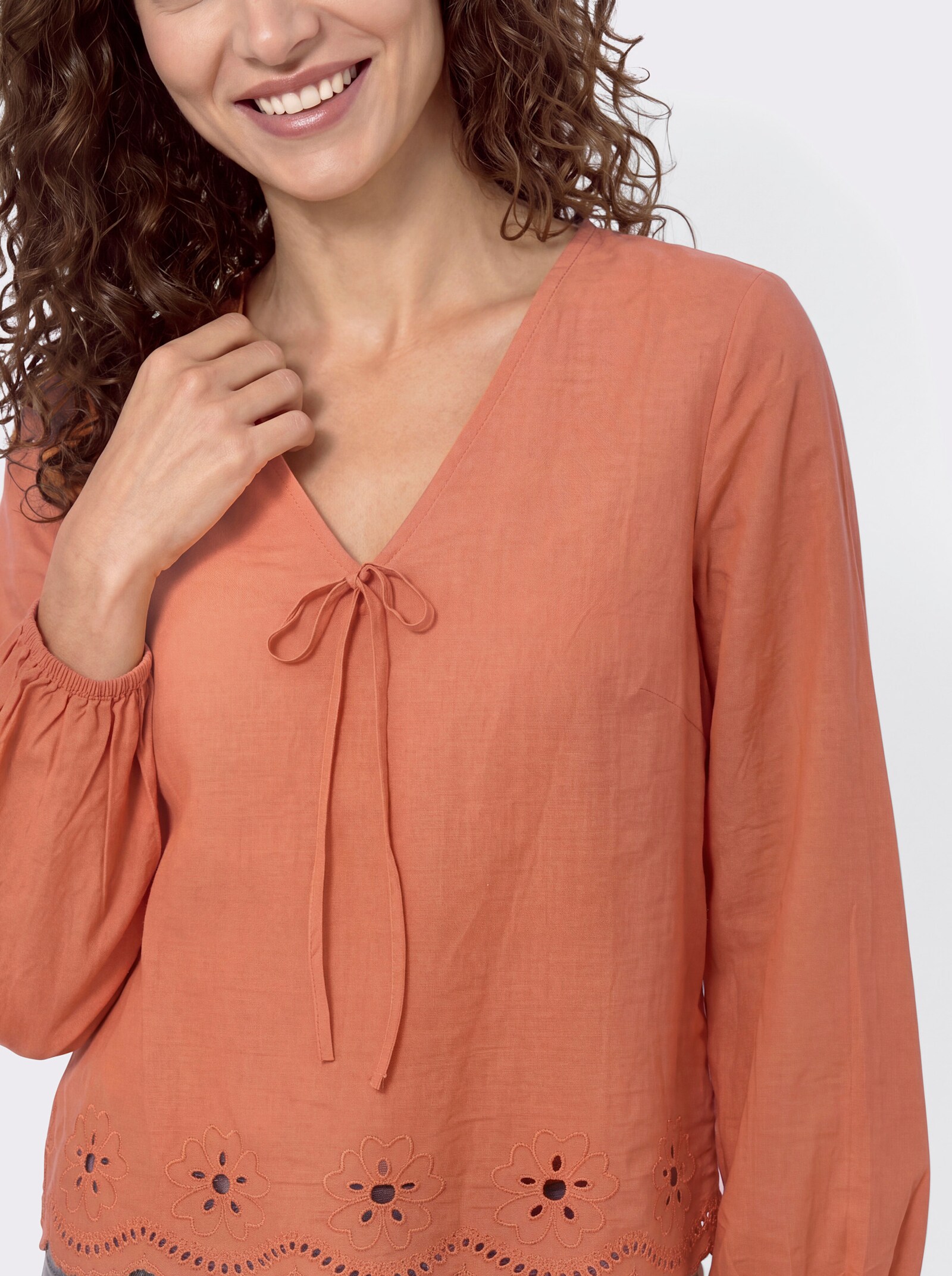 Baumwollbluse mit Lockstickerei - papaya