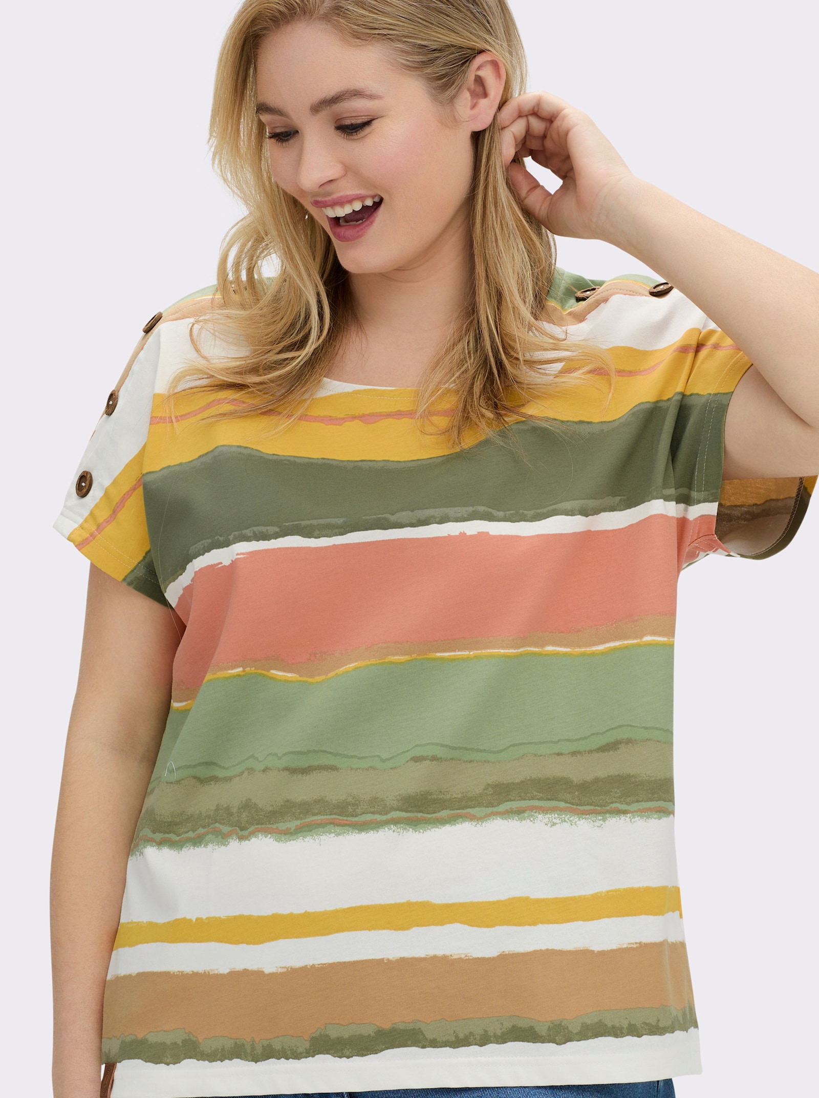 Kurzarmshirt mit Knöpfen in Holz-Optik - khaki-ecru-bedruckt