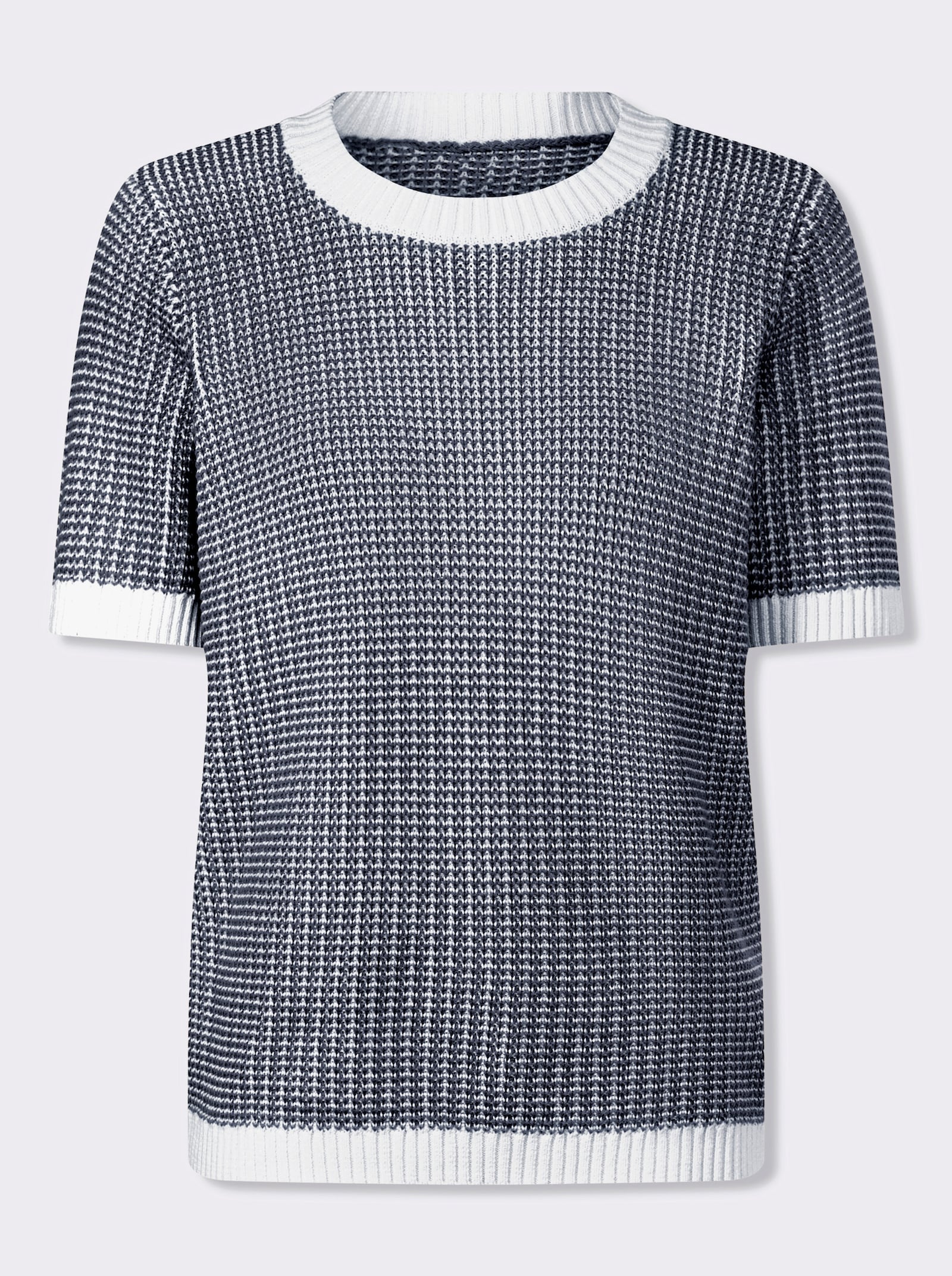Kurzarmpullover in Baumwoll-Qualität - dunkelblau-ecru-gemustert