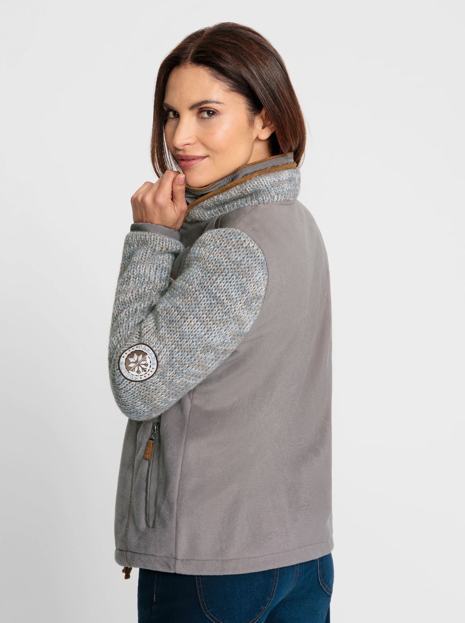 Fleecejack van een mix van fleece en tricot - taupe/ecru gemêleerd