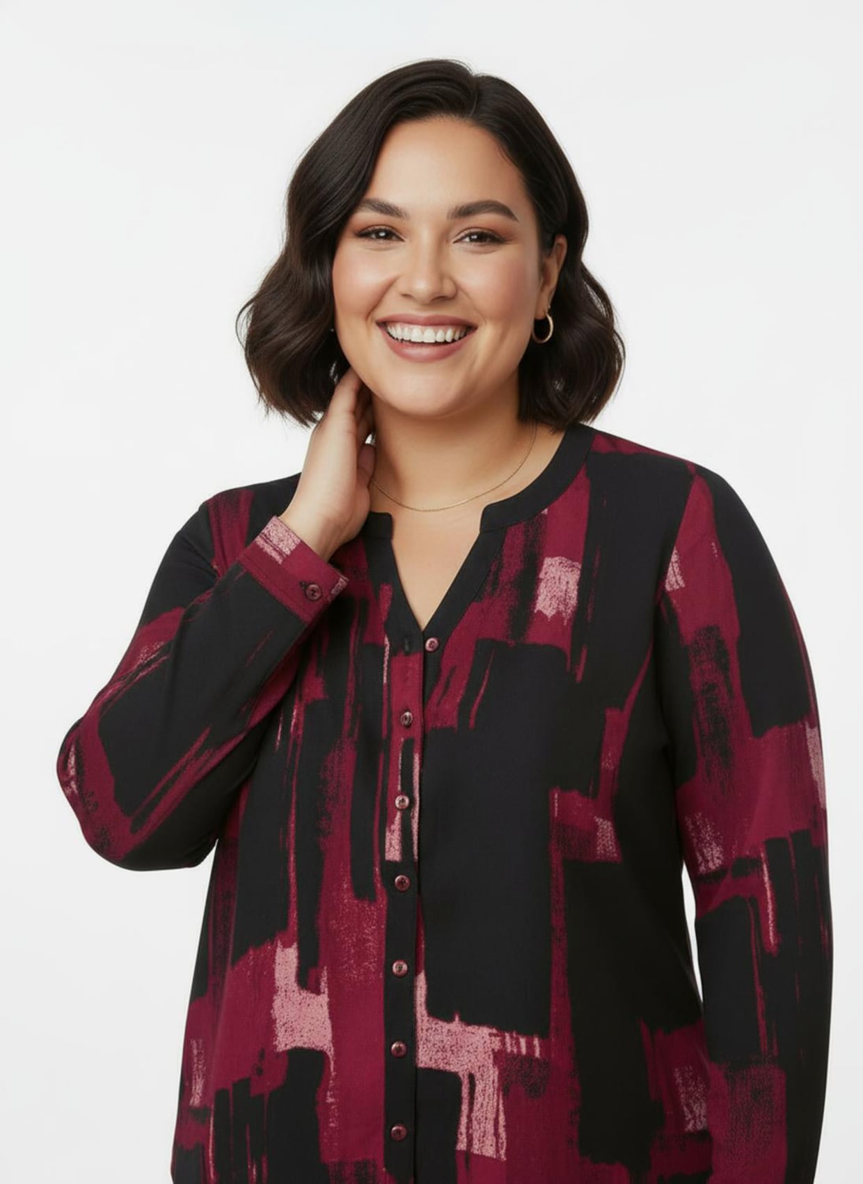 Druckbluse mit Krempelärmeln - schwarz-rot-bedruckt