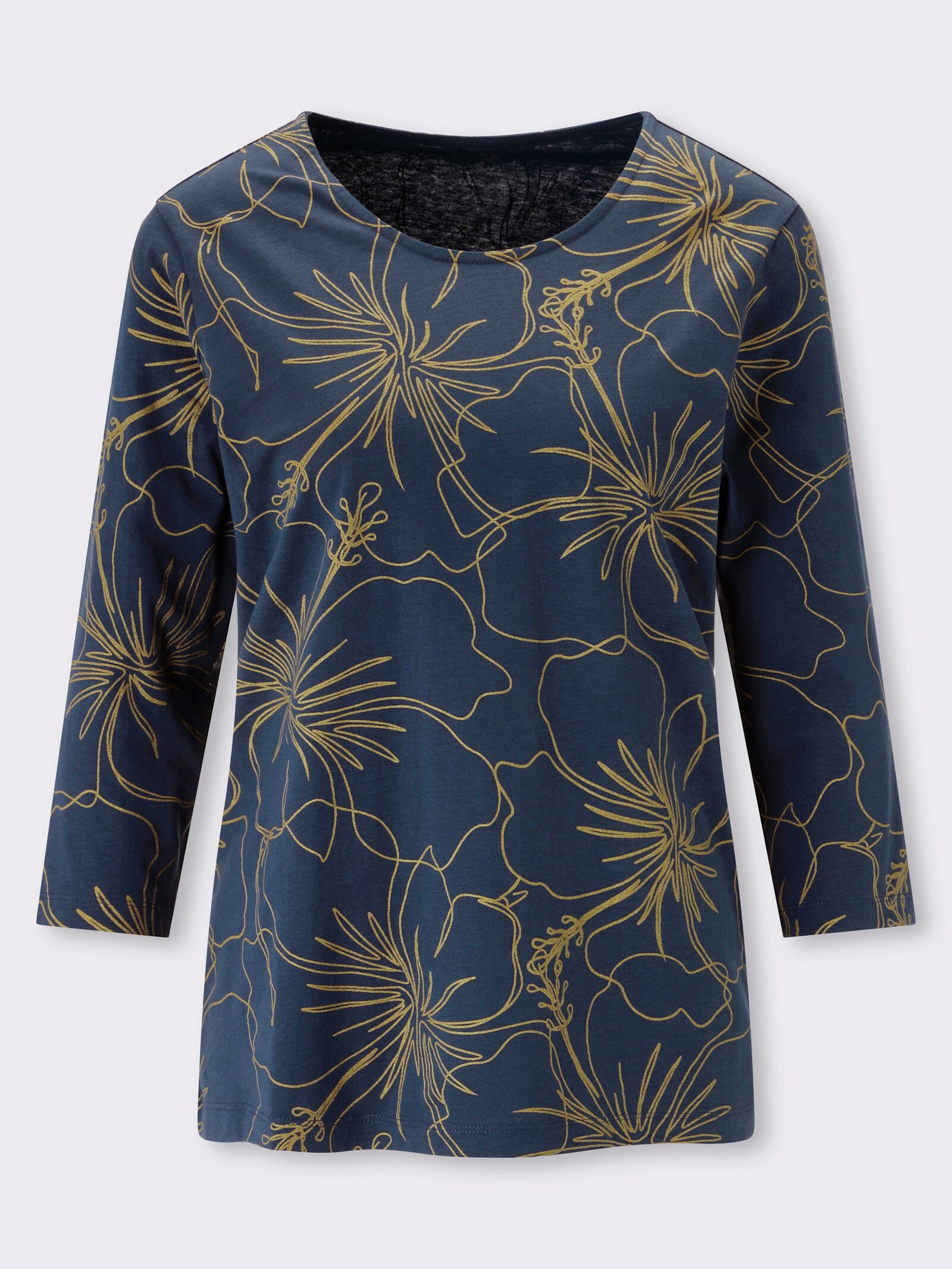 3/4-Arm-Shirt mit goldfarbenem Blütendruck - dunkelblau-goldfarben-bedruckt