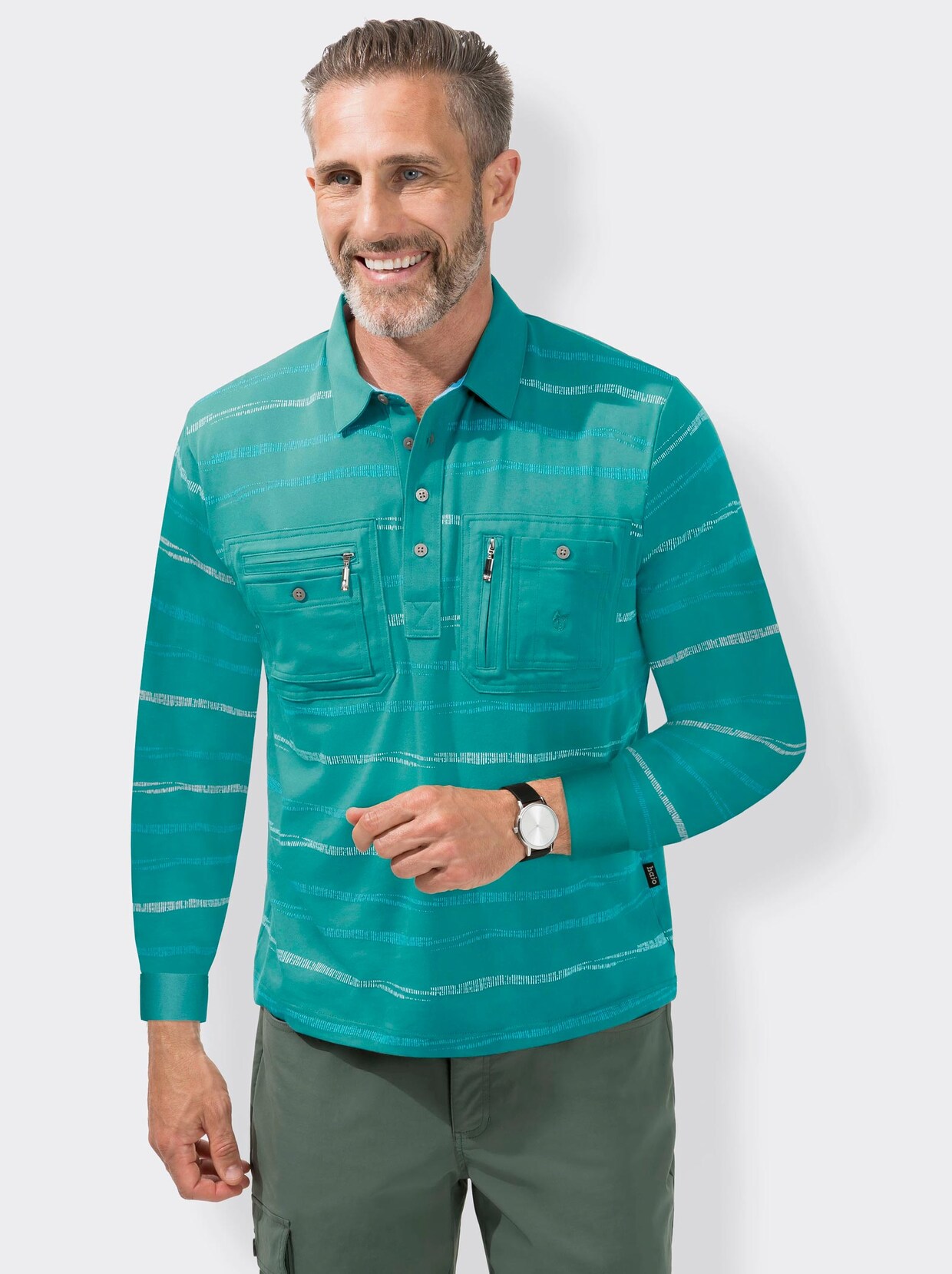 Hajo Langarm-Poloshirt - mint-gestreift