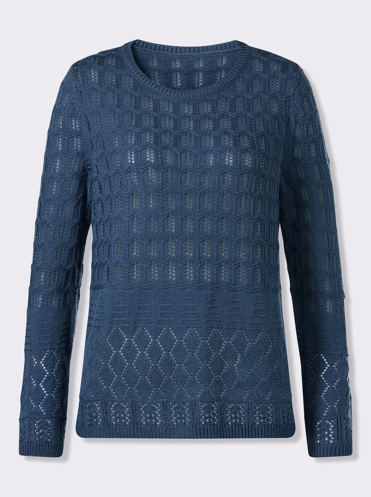 Ajourpullover mit gerippten Bündchen - jeansblau