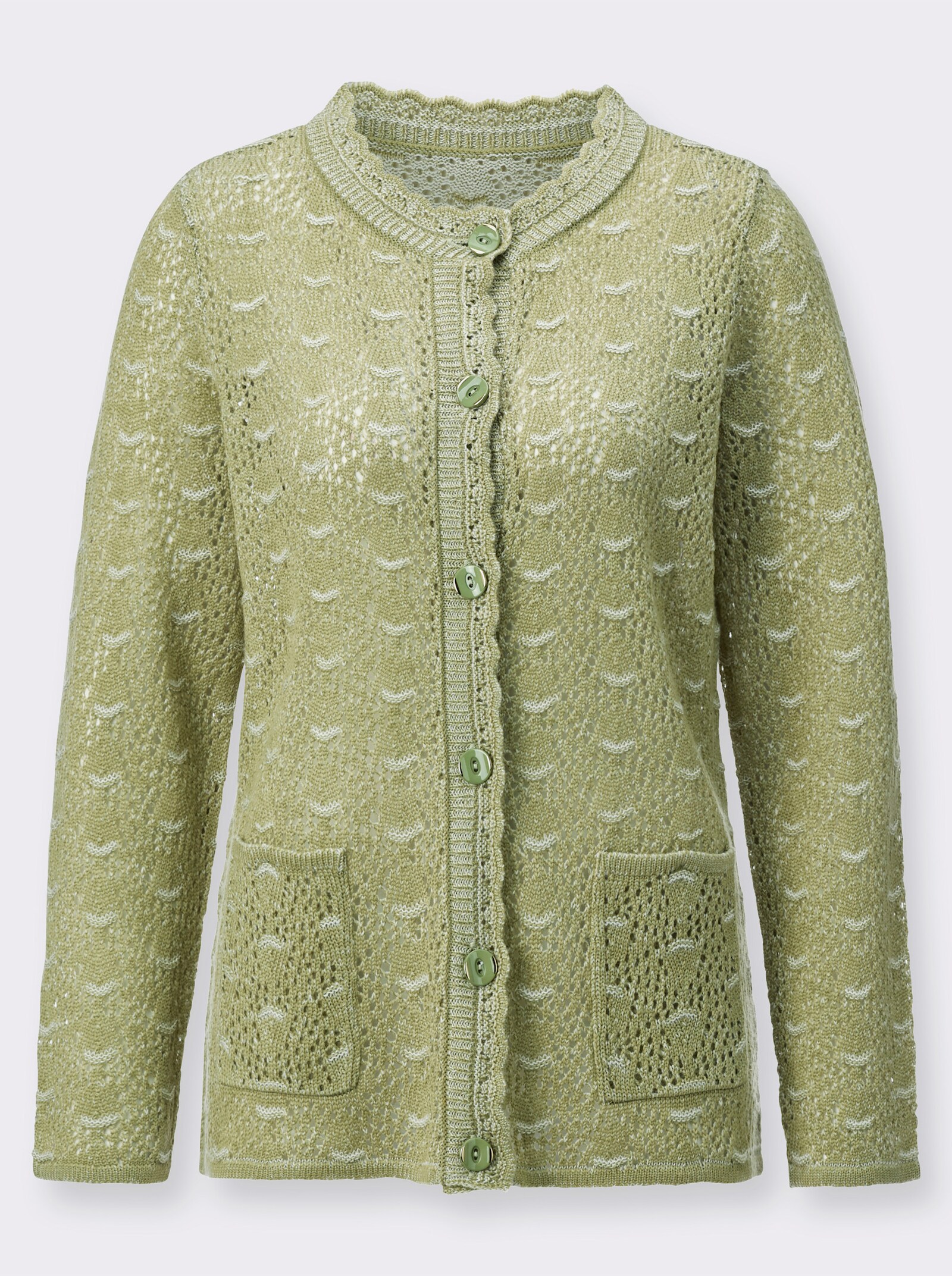  Ajourstrickjacke mit gebogten Abschlüssen - schilf-meliert