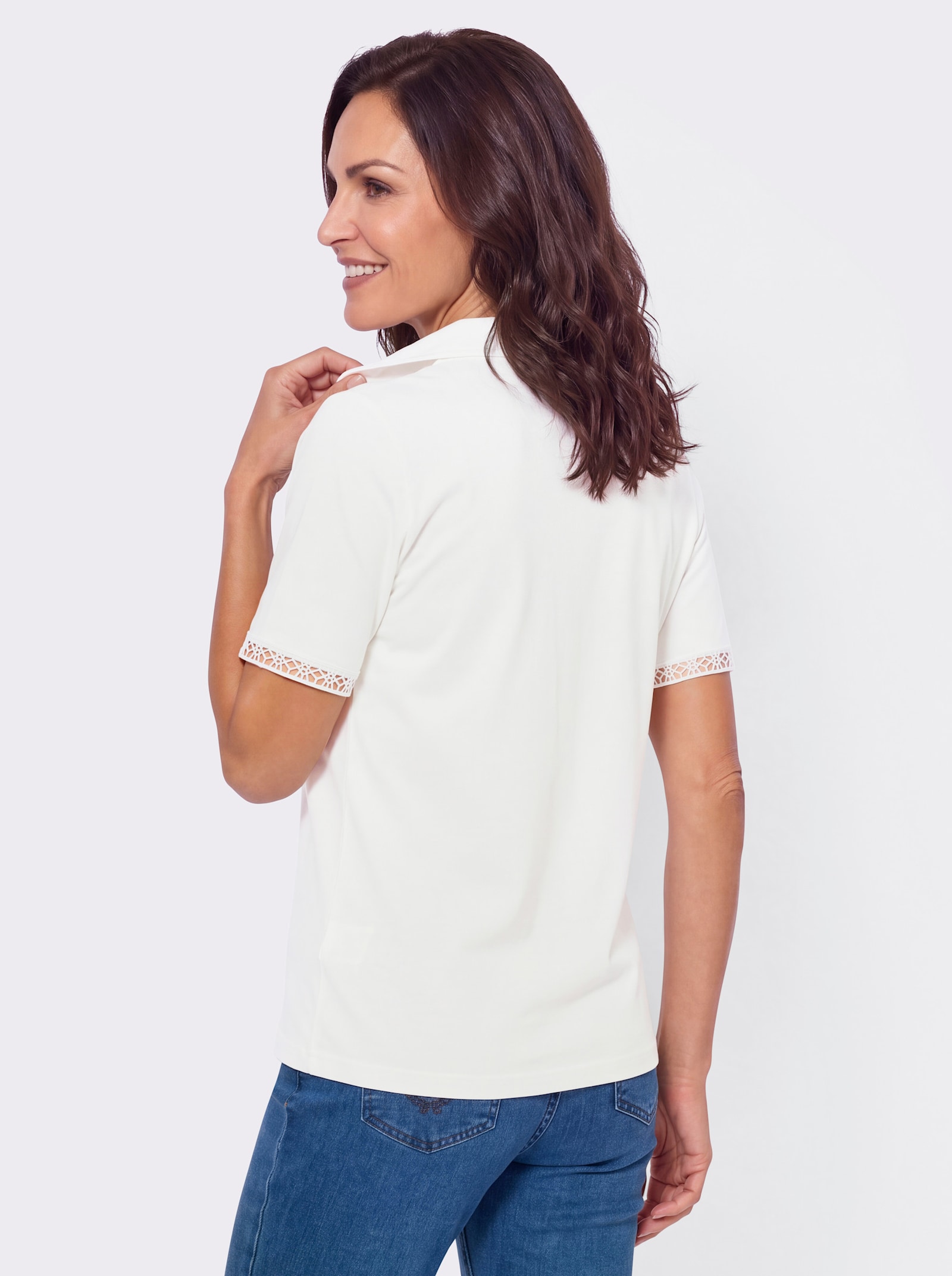 Poloshirt mit Spitzendetails - ecru