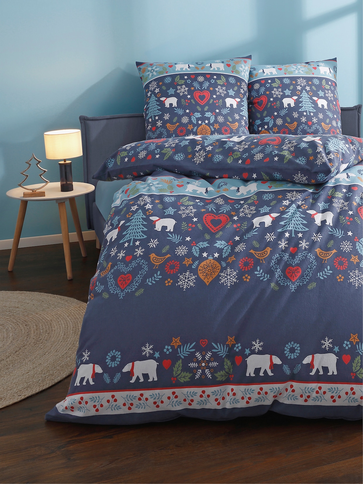 Dormisette Bettwäsche mit weihnachtlichen Motiven - rauchblau-ozean-bedruckt