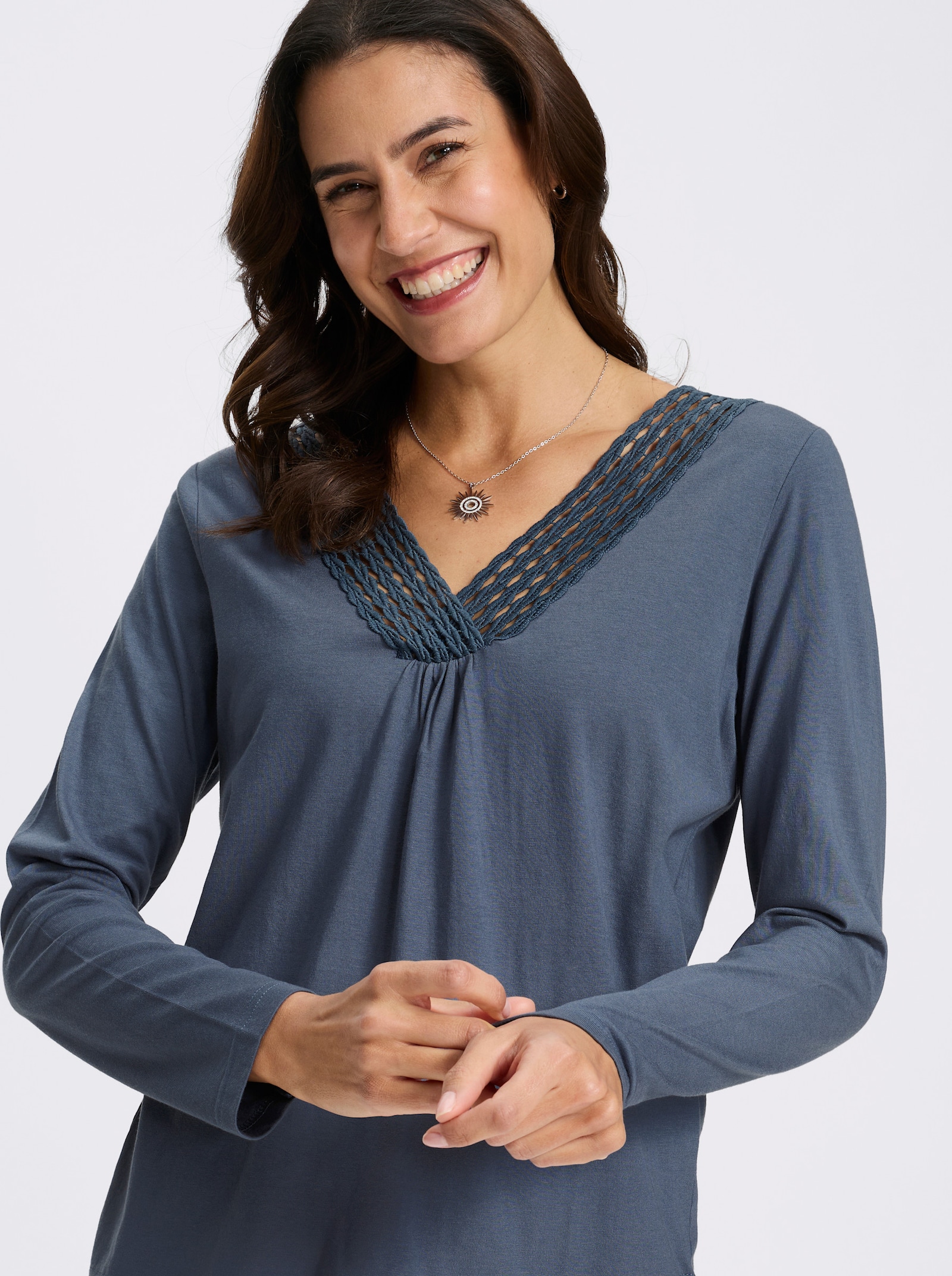 Langarmshirt mit Spitzenbesatz - rauchblau