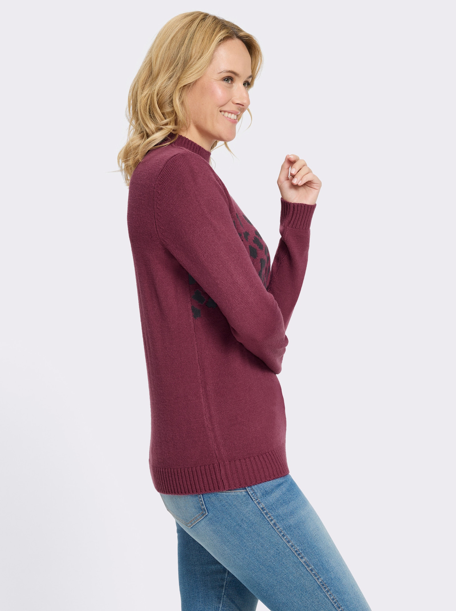 Stehkragenpullover im Animal-Dessin - bordeaux-schwarz