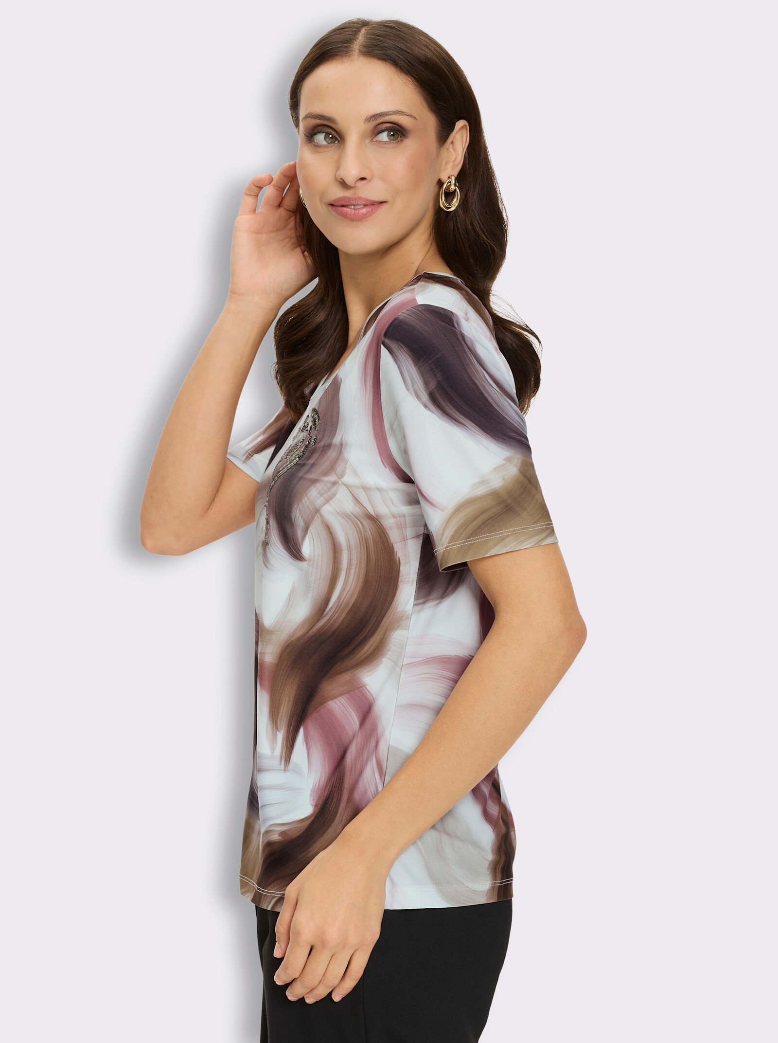 V-Shirt mit Pailletten - ecru-braun-bedruckt