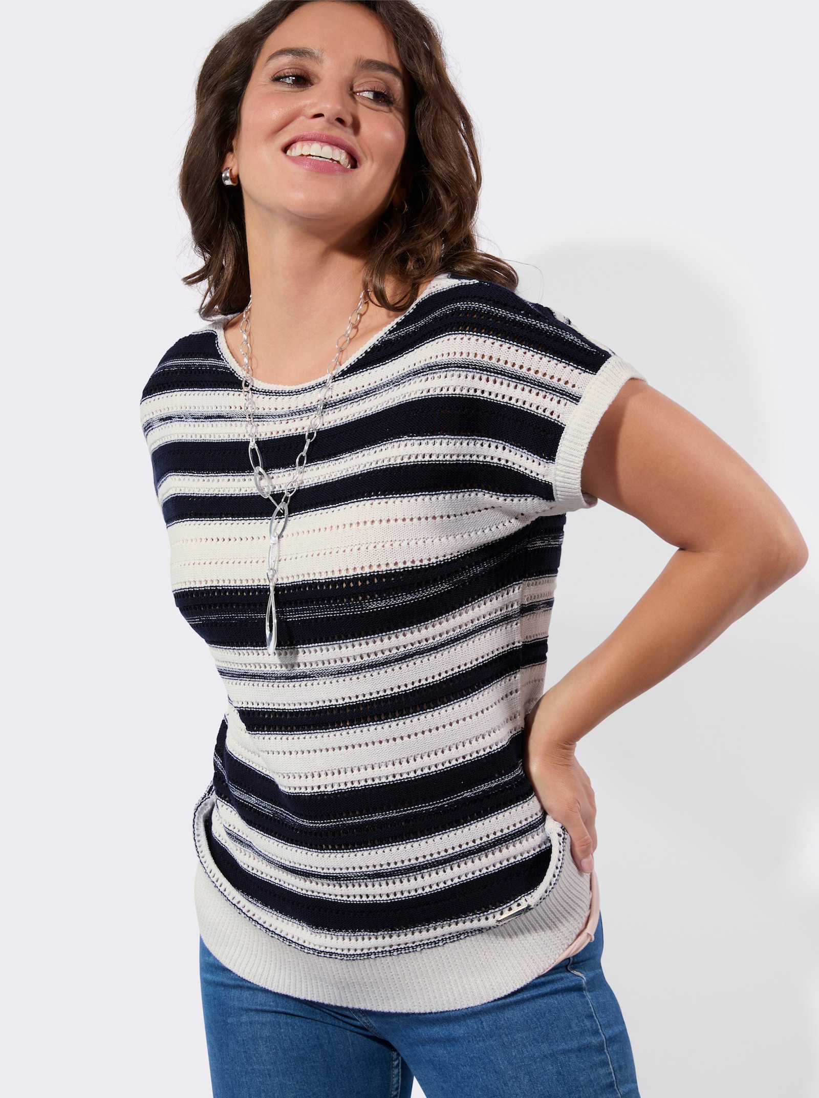 Ajourpullover mit meliertem Ringel-Muster - marine