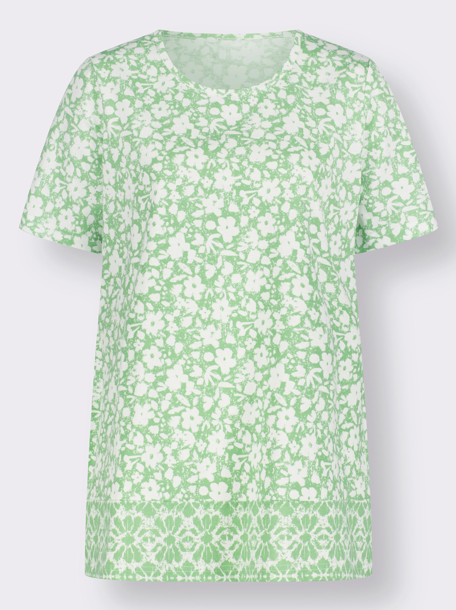 Longshirt mit Blumen- und Bordüren-Druck - apfel-weiß-bedruckt