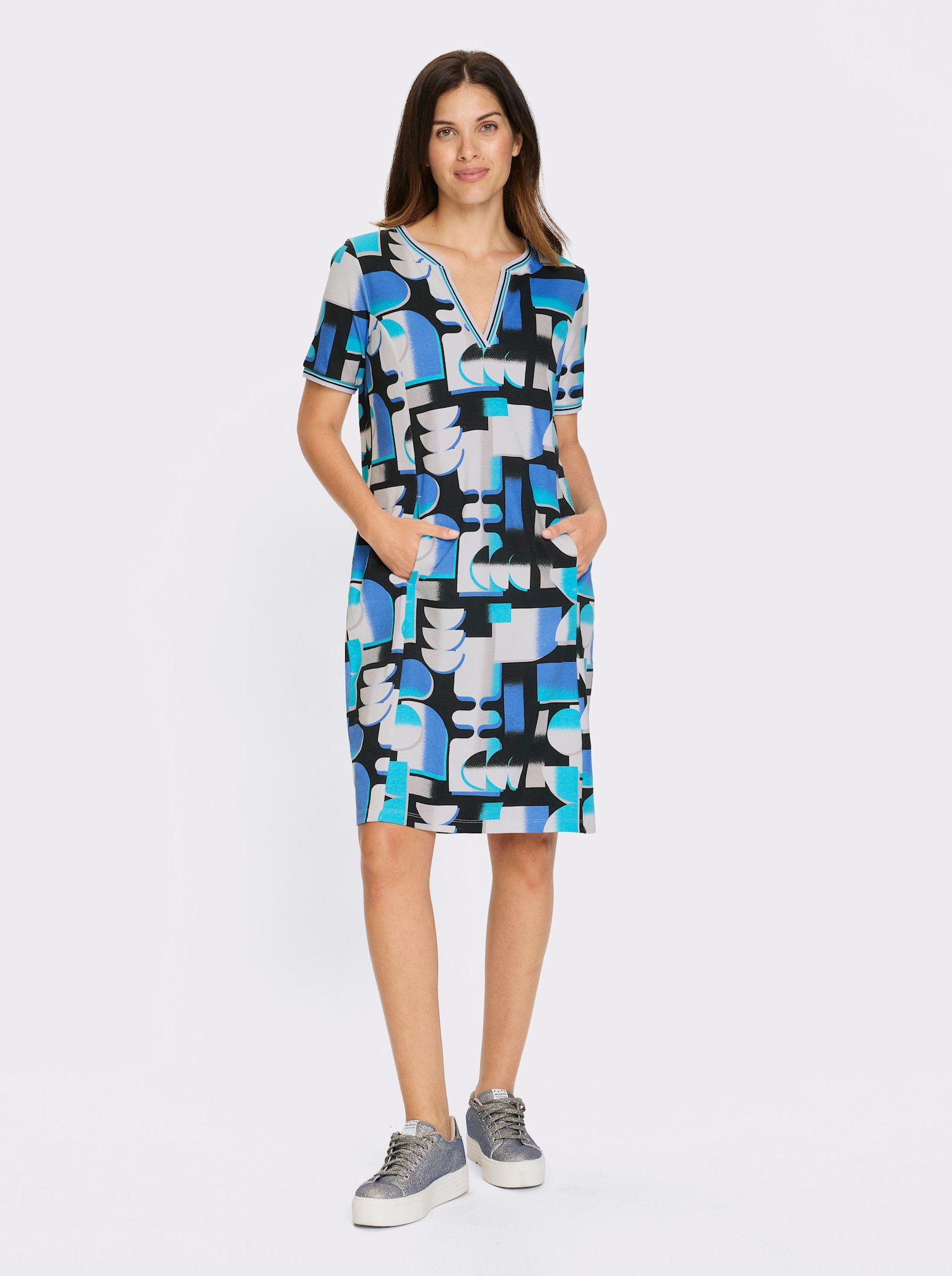 Sweatkleid in Interlock-Qualität - türkis-schwarz-bedruckt