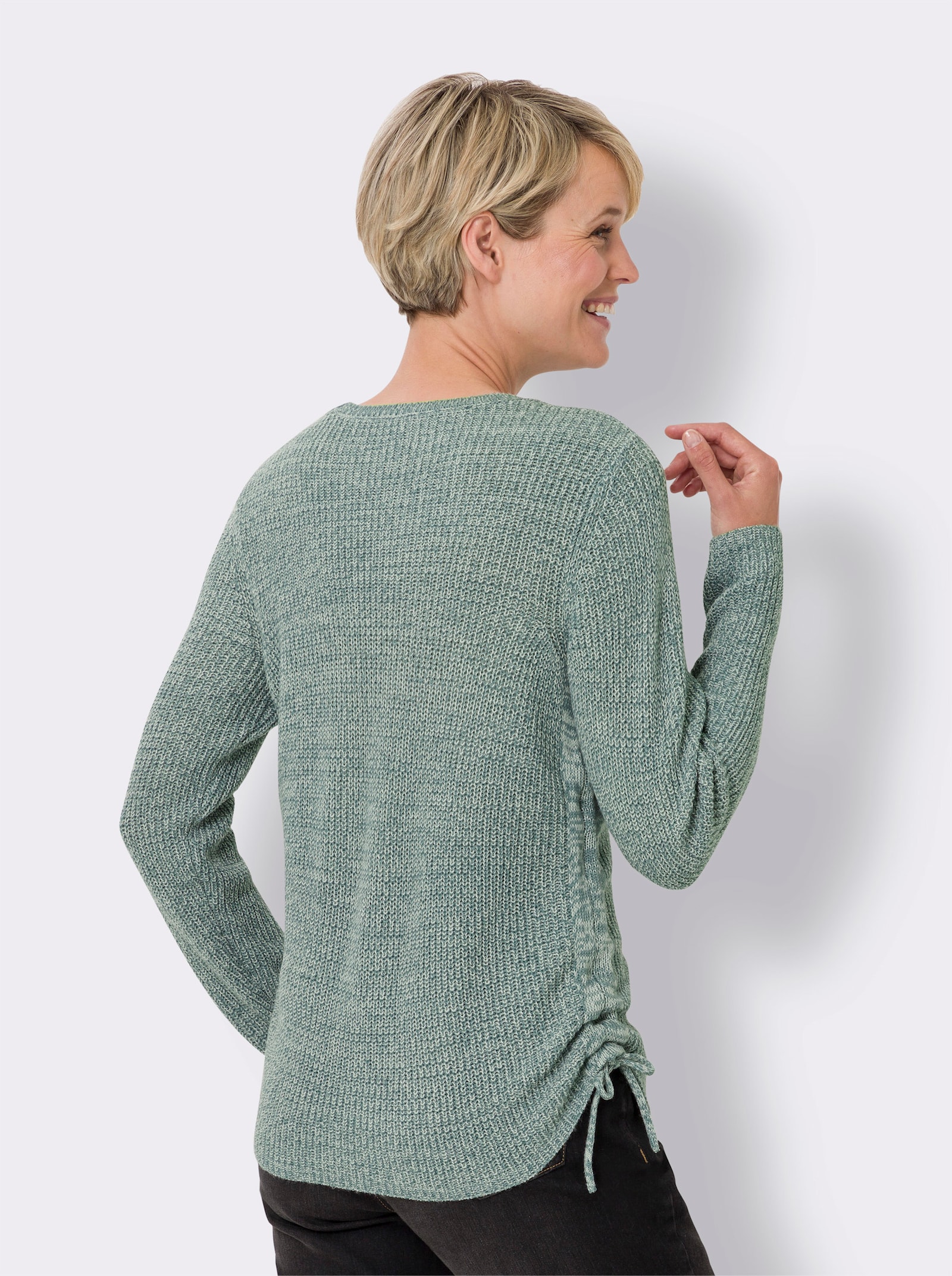 Strickpullover mit Raffung am Saum - jade-ecru-meliert