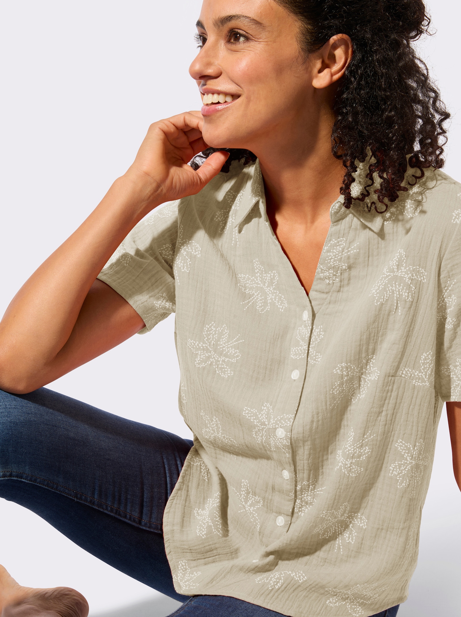 Baumwollbluse mit Palmen-Print - sand-ecru