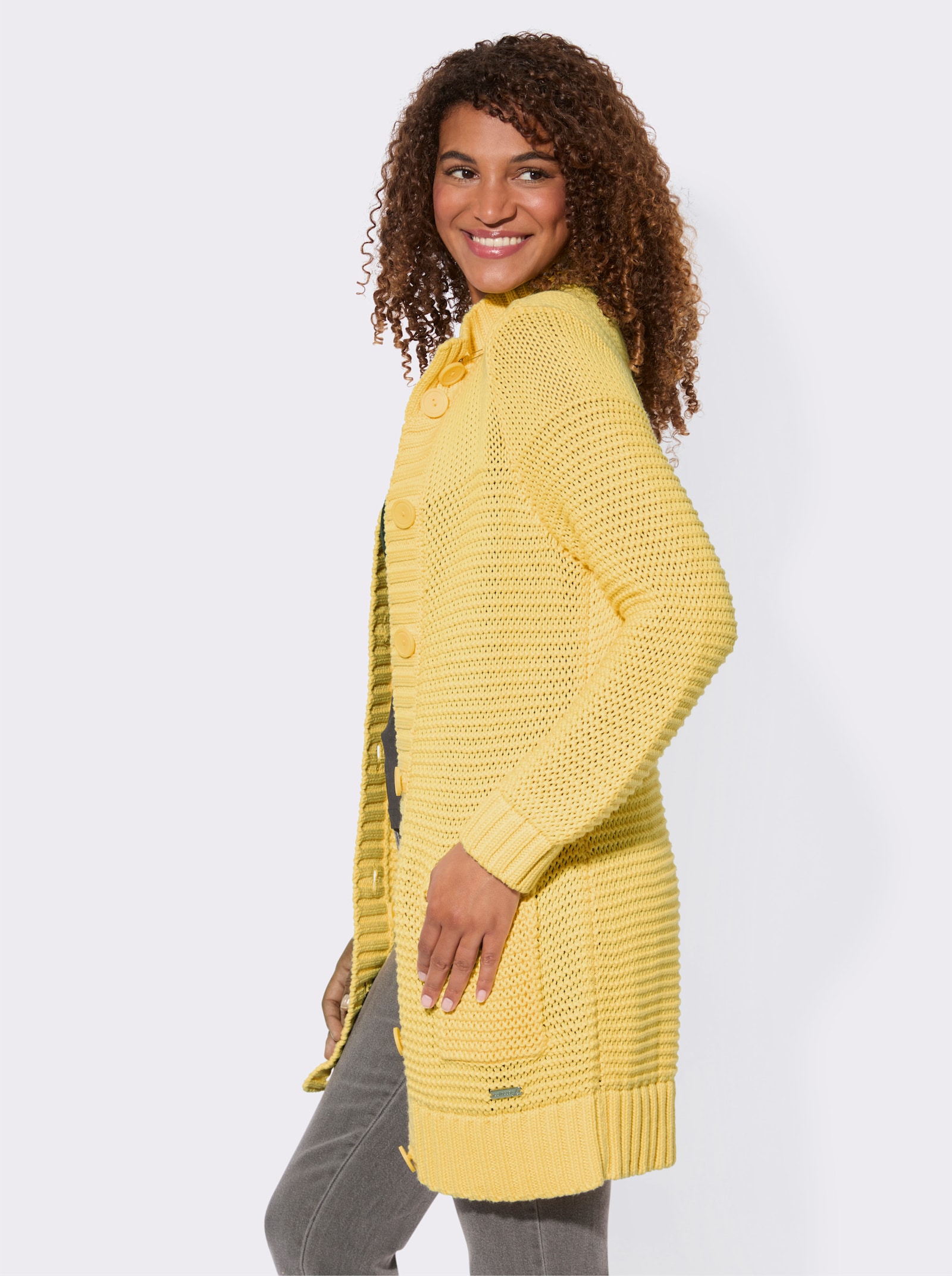 Longstrickjacke mit partiellen Fantasiemuster - zitrone