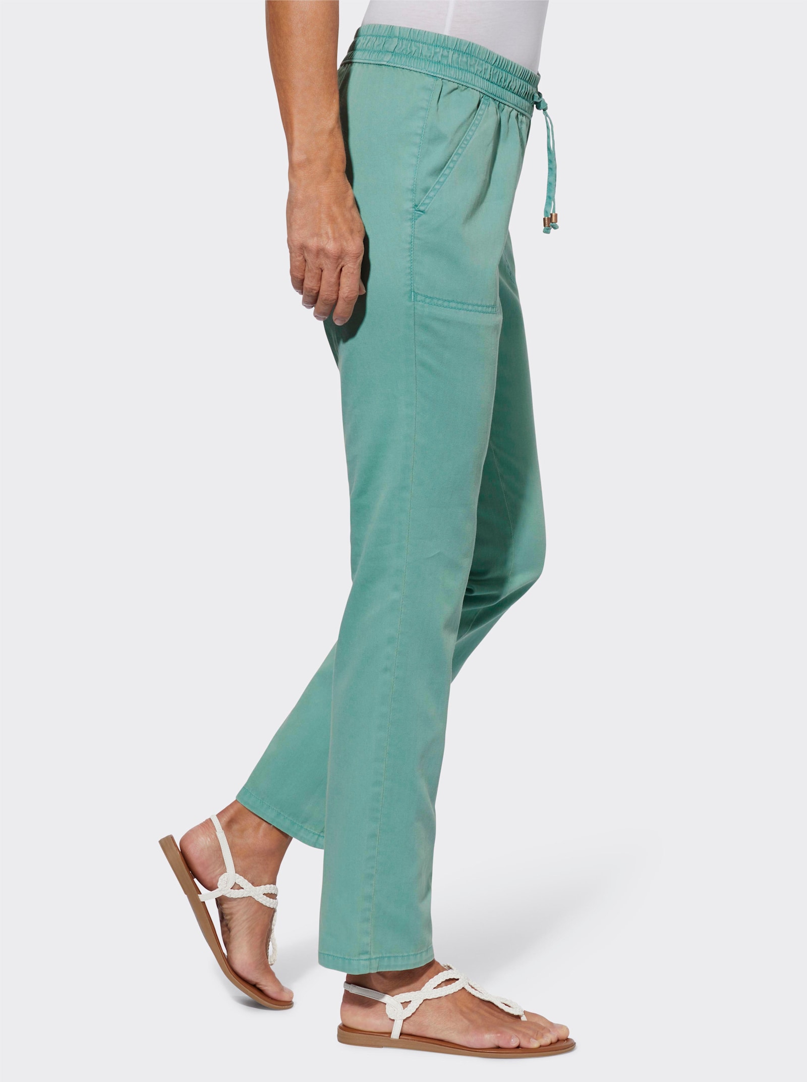 Comfortjeans met gesmokte band - salie