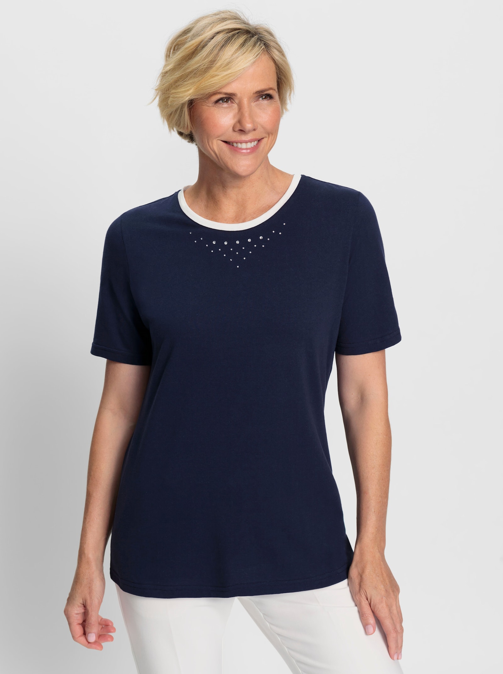 Kurzarmshirt mit Glitzersteinchen-Verzierung - marine