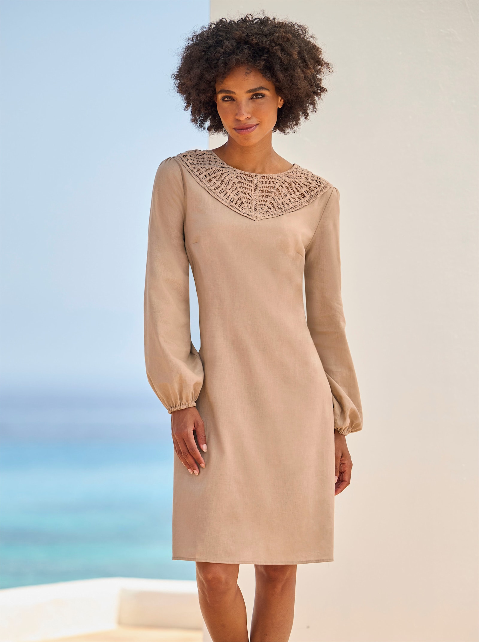 heine A-Linien-Kleid mit Ballonärmeln - camel