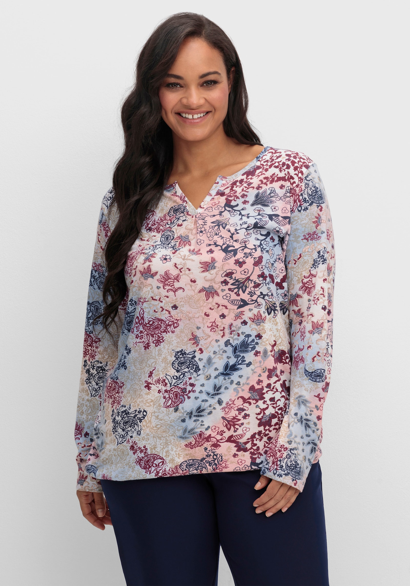 Print-Shirt mit elastischem Bund - rauchblau-rosenquarz-bedruckt