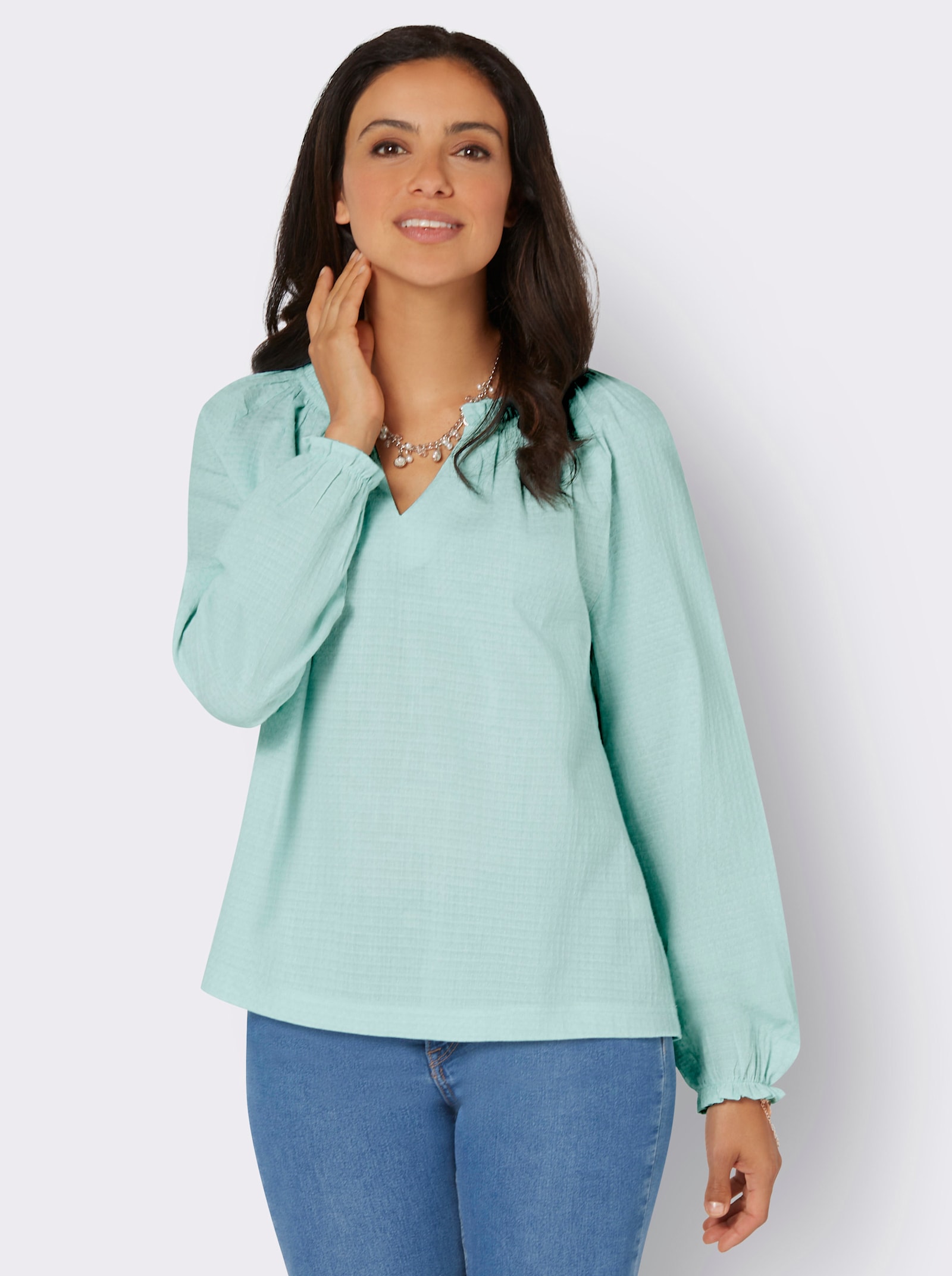 Langarmbluse mit Raffung, strukturiert - kalkmint