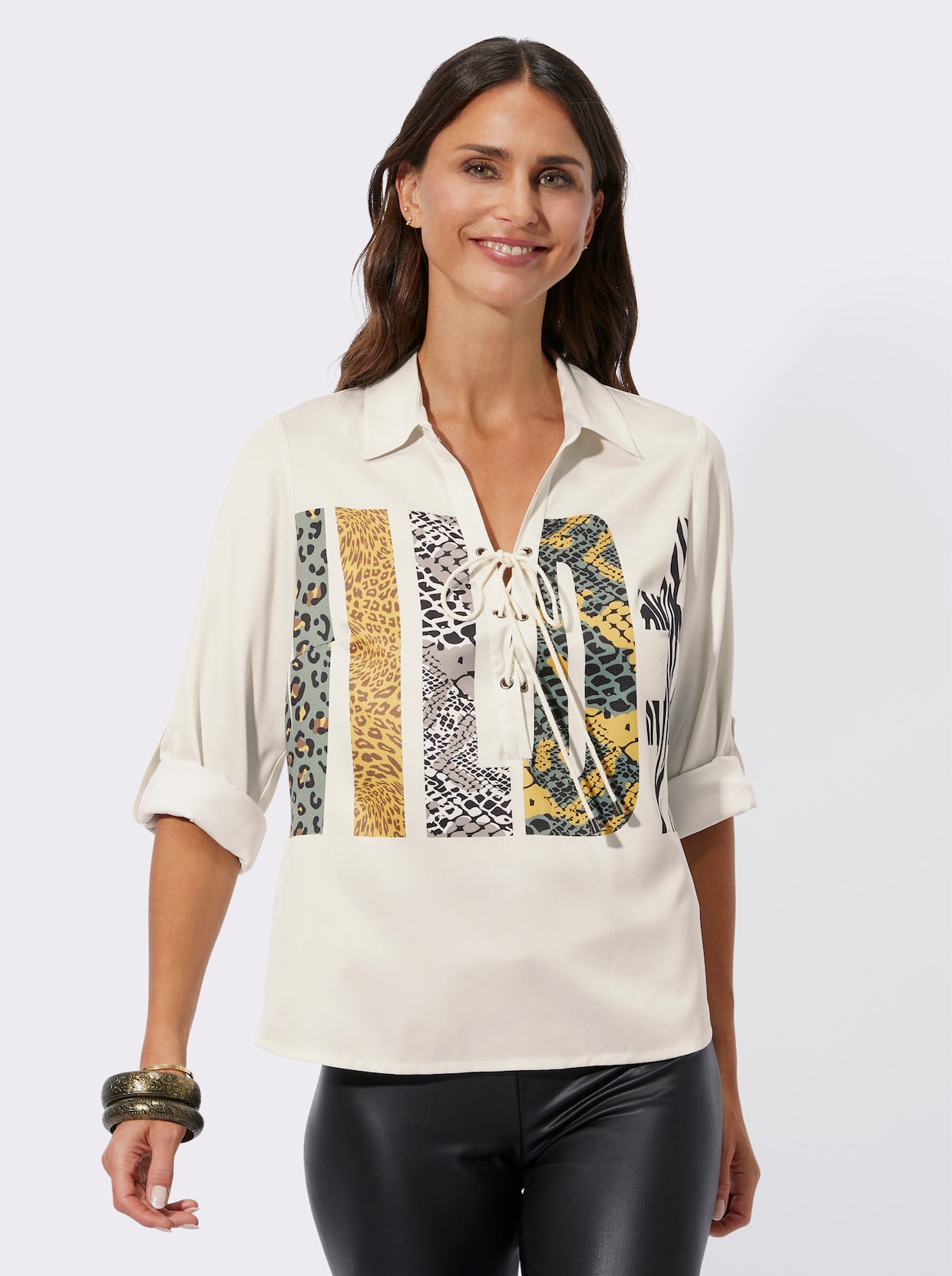 Comfortabele blouse - champagne/kaki bedrukt