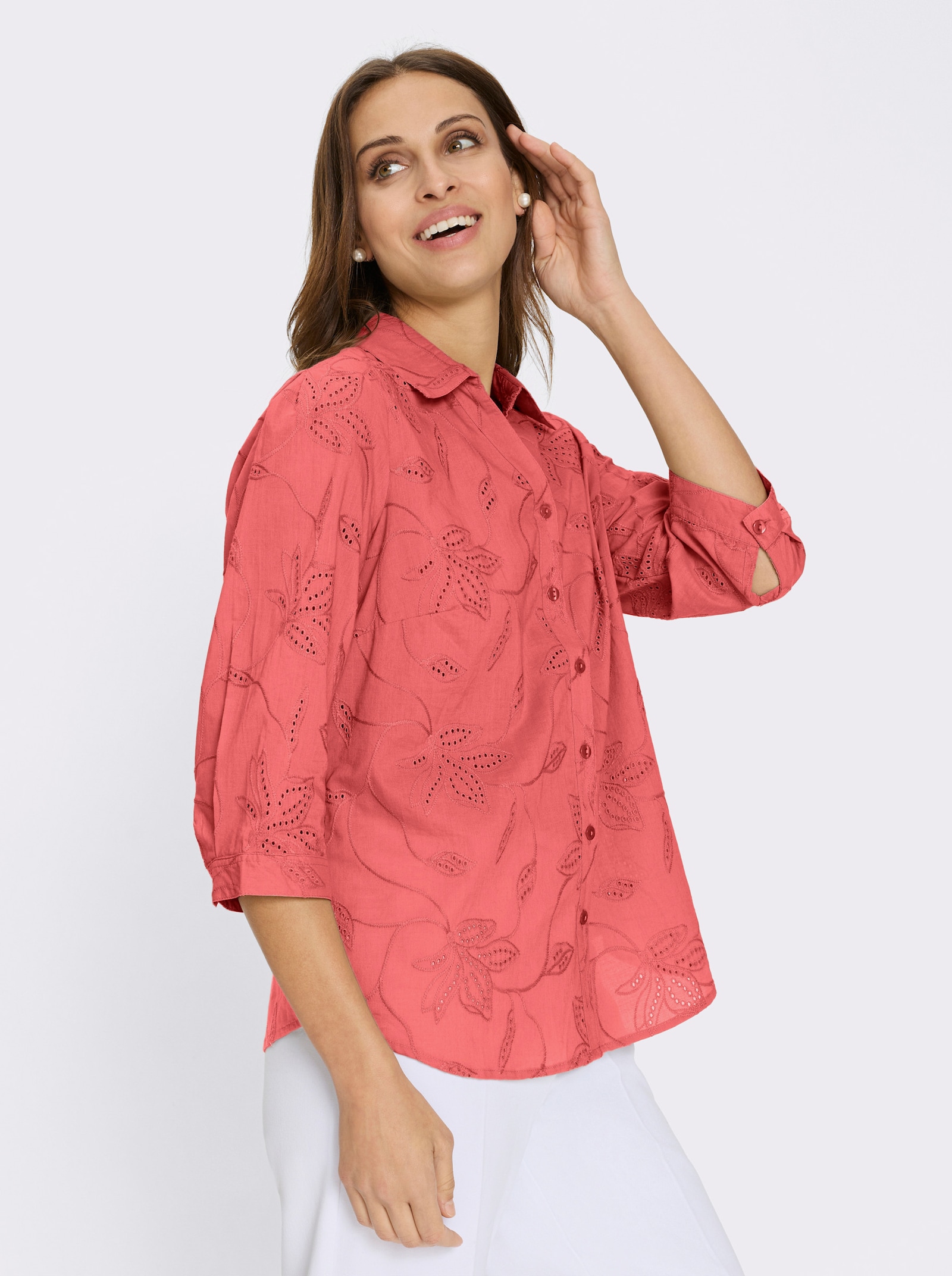 Chemisier en coton avec broderie Madère - corail