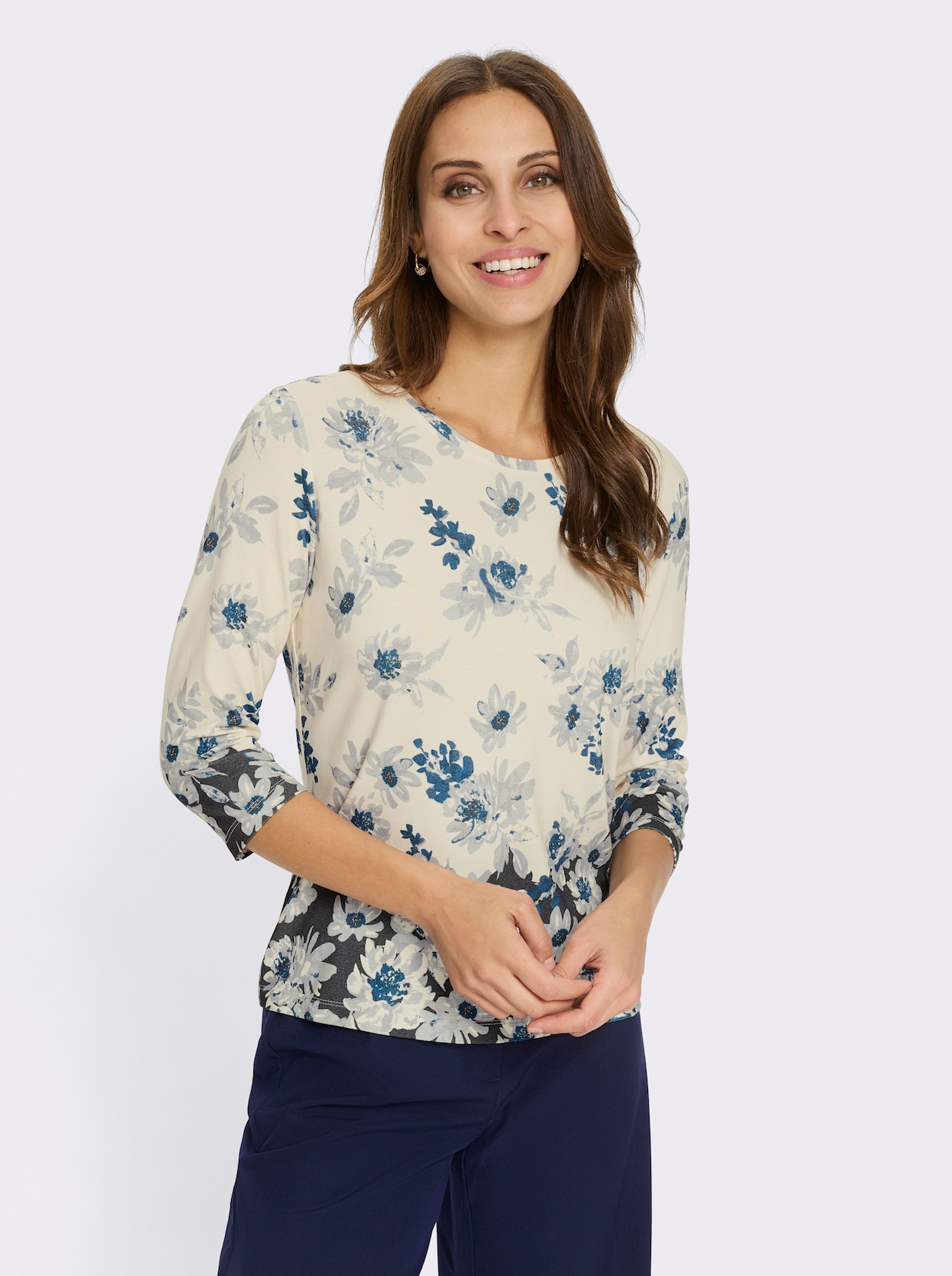 Rundhalsshirt - champagner-marine-bedruckt
