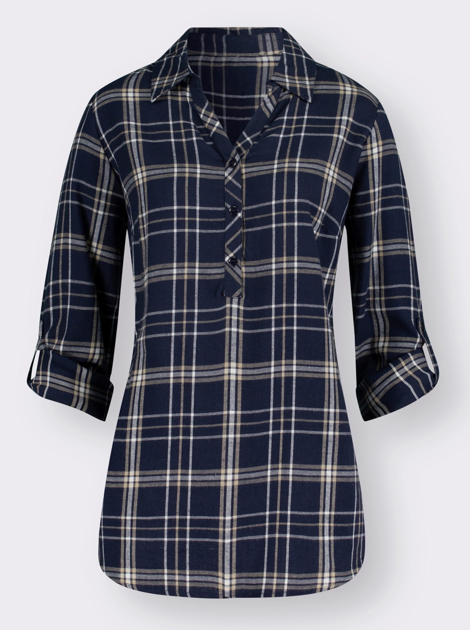 Flanellbluse mit krempelbaren Ärmeln - marine-weiß-kariert