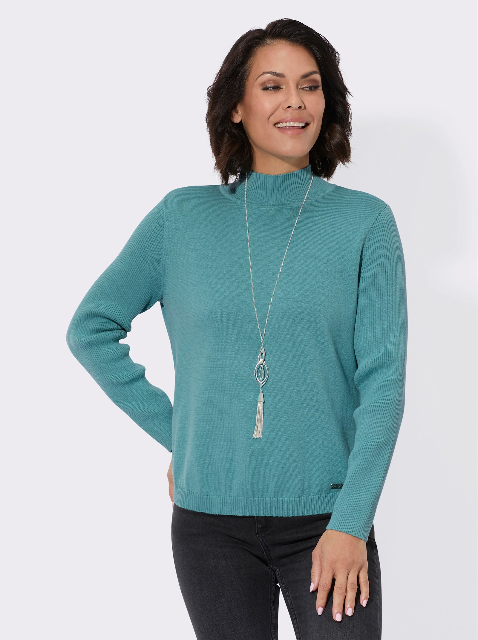 Pullover met opstaande kraag en met mouwen in riblook - oceaan