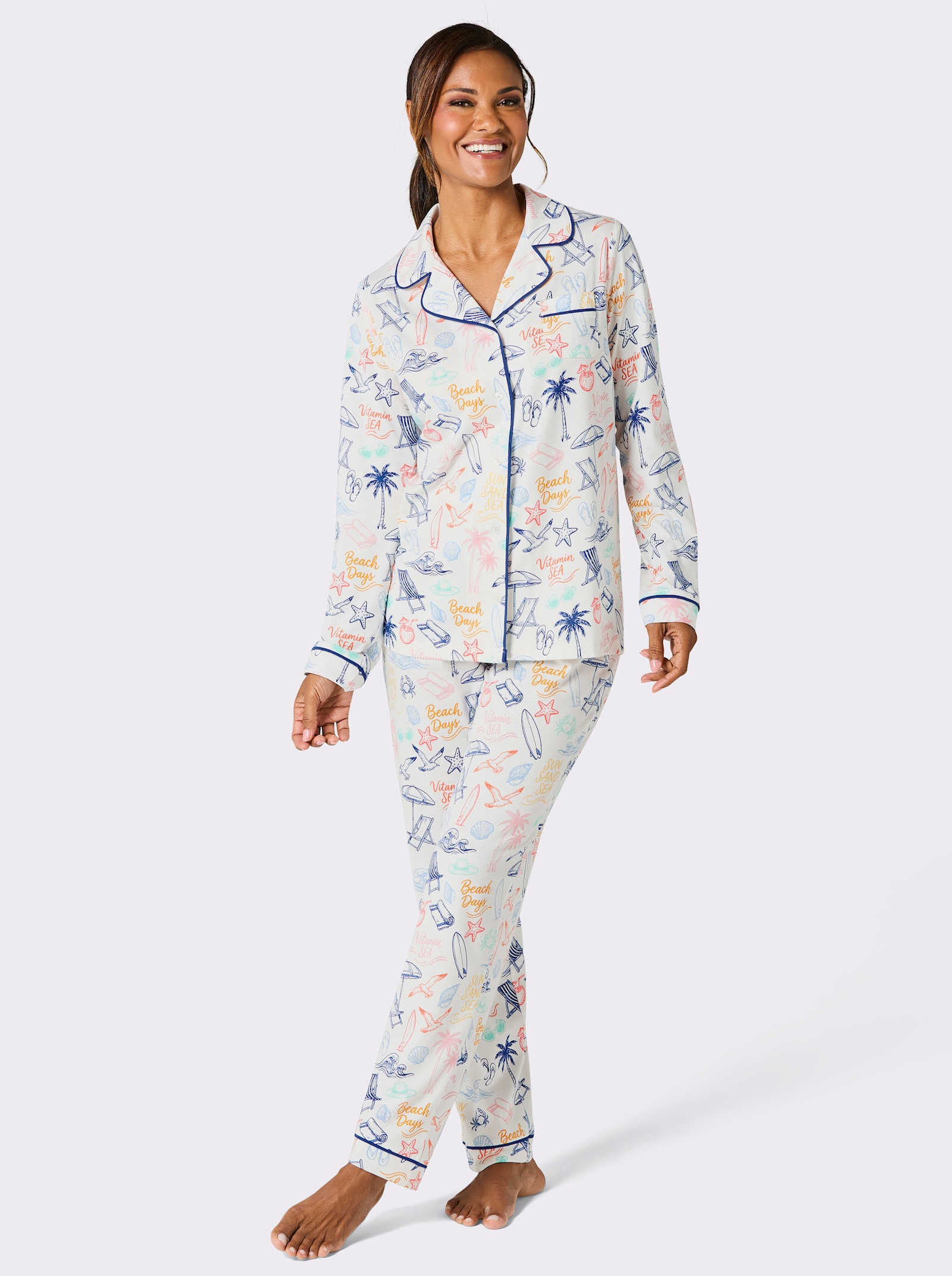 wäschepur Pyjama mit Muster-Print - ecru-royalblau-bedruckt