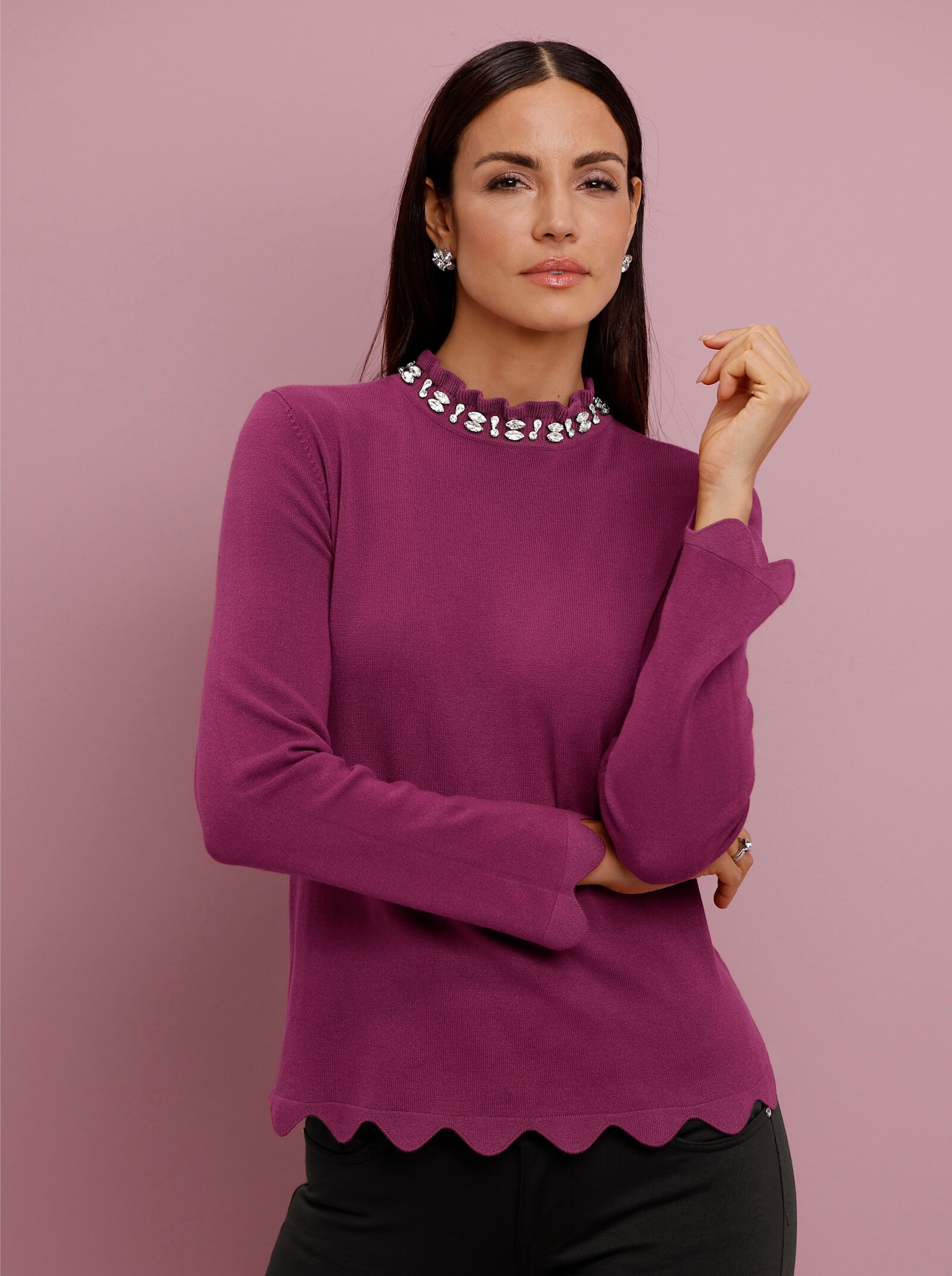 Langarm-Pullover mit Glitzersteinchen - malve