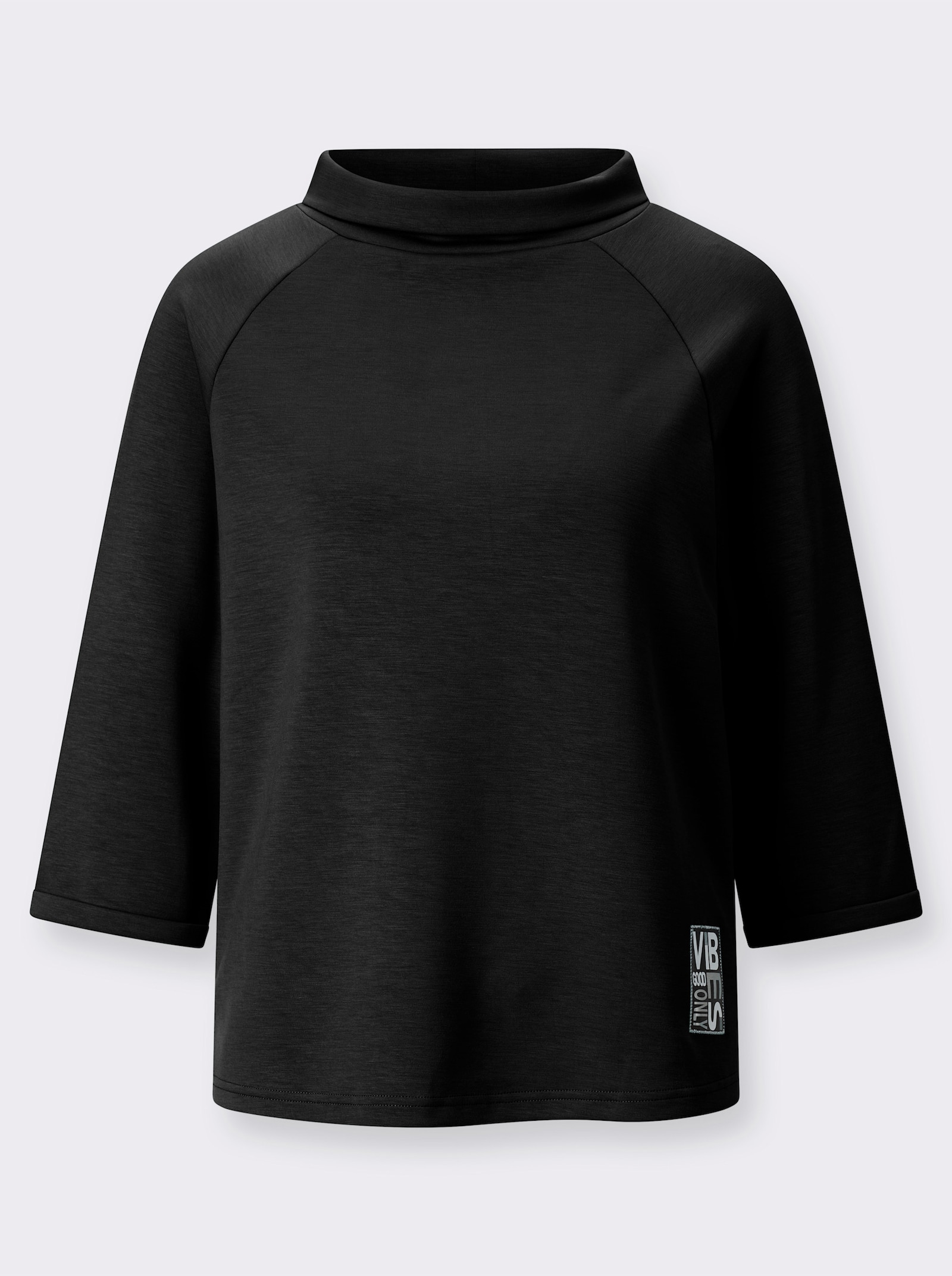 3/4-Arm-Shirt mit halsfernem Rollkragen - schwarz