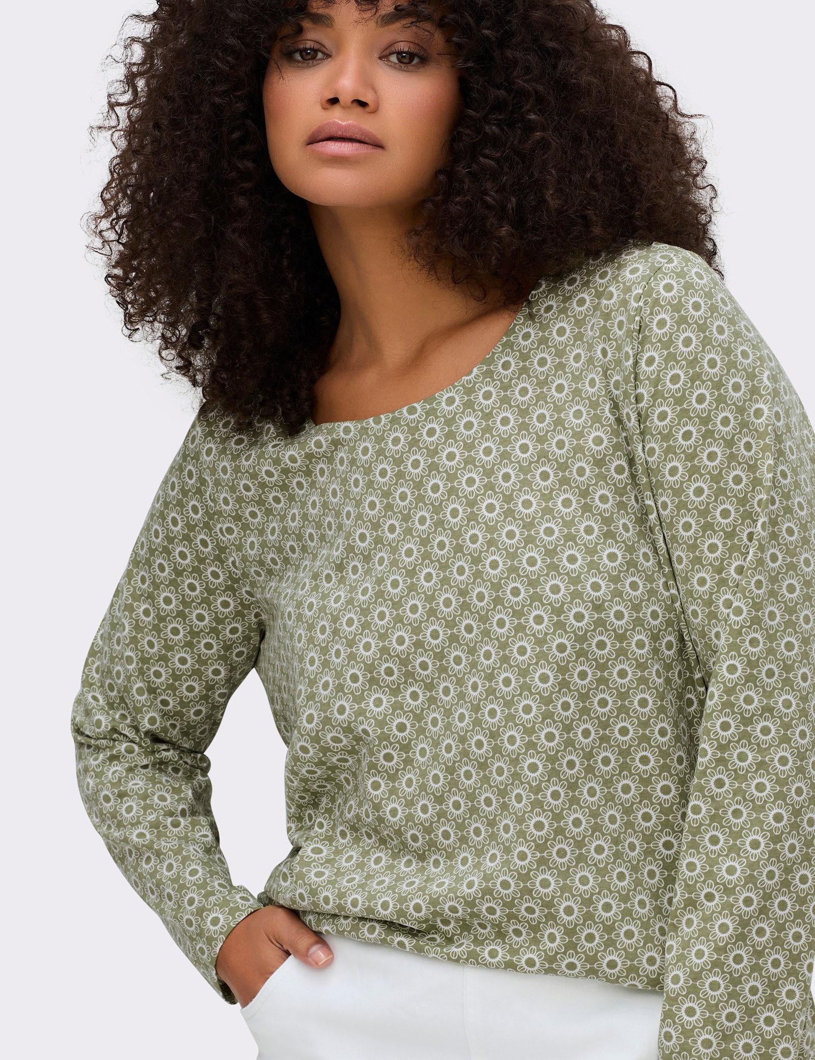 Langarmshirt im Minimal-Dessin - schilf-ecru-bedruckt