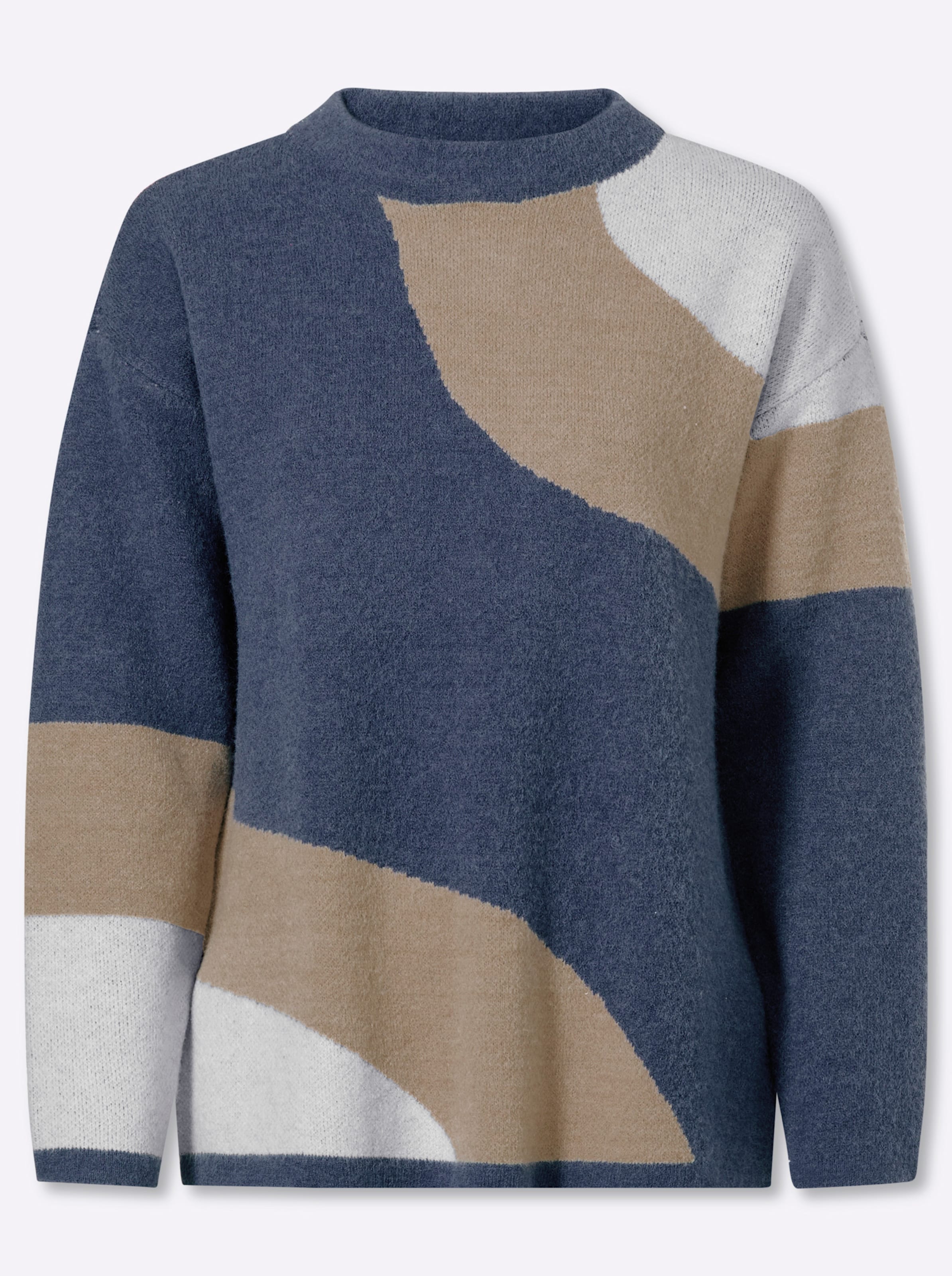 Ecru-Rauchblau-Gemustert Jacquardpullover