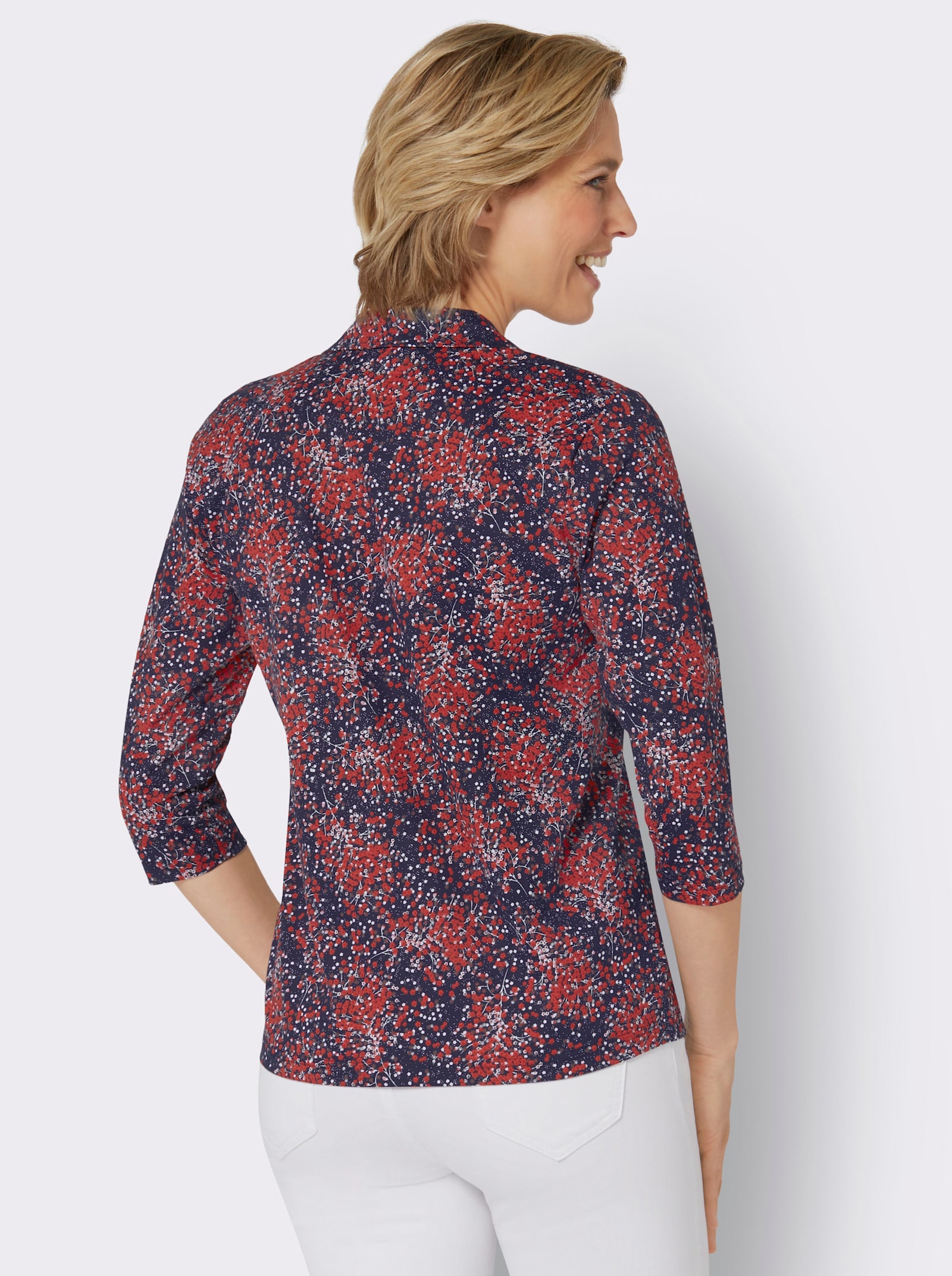 3/4-Arm-Shirt mit Hemdkragen - marine-erdbeere-bedruckt