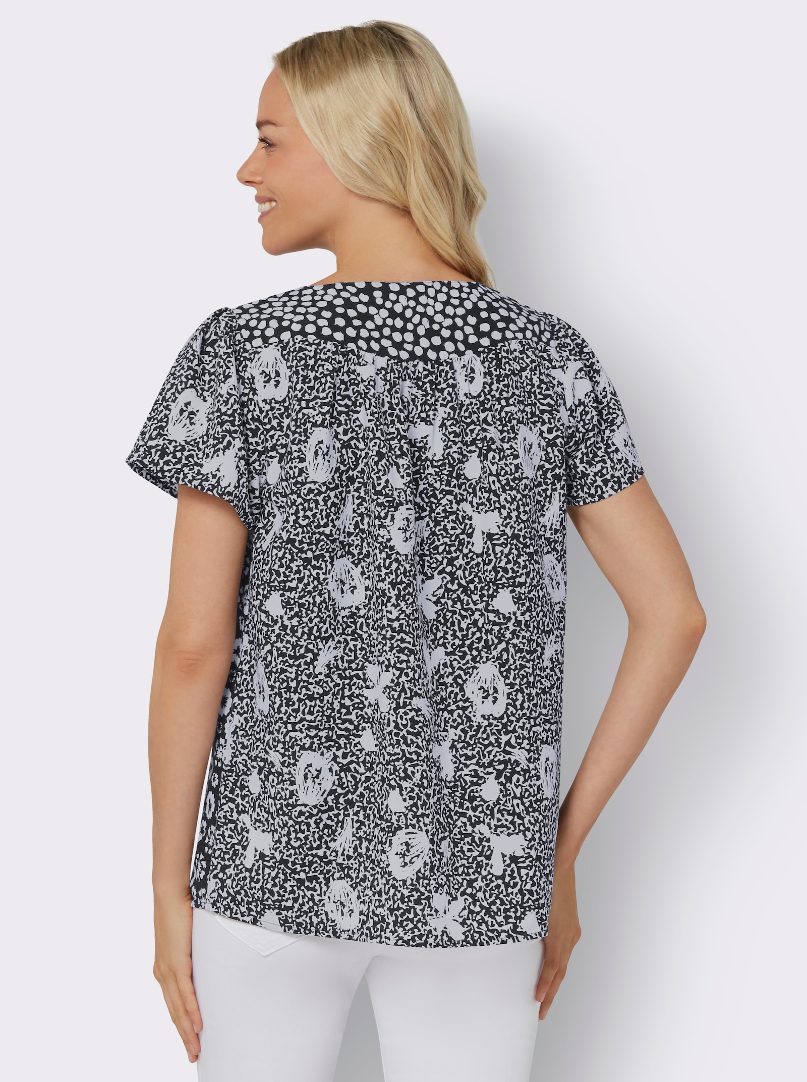 Blúzka bez zapínania v patchworkovom vzhľade - Čierno-biely vzor