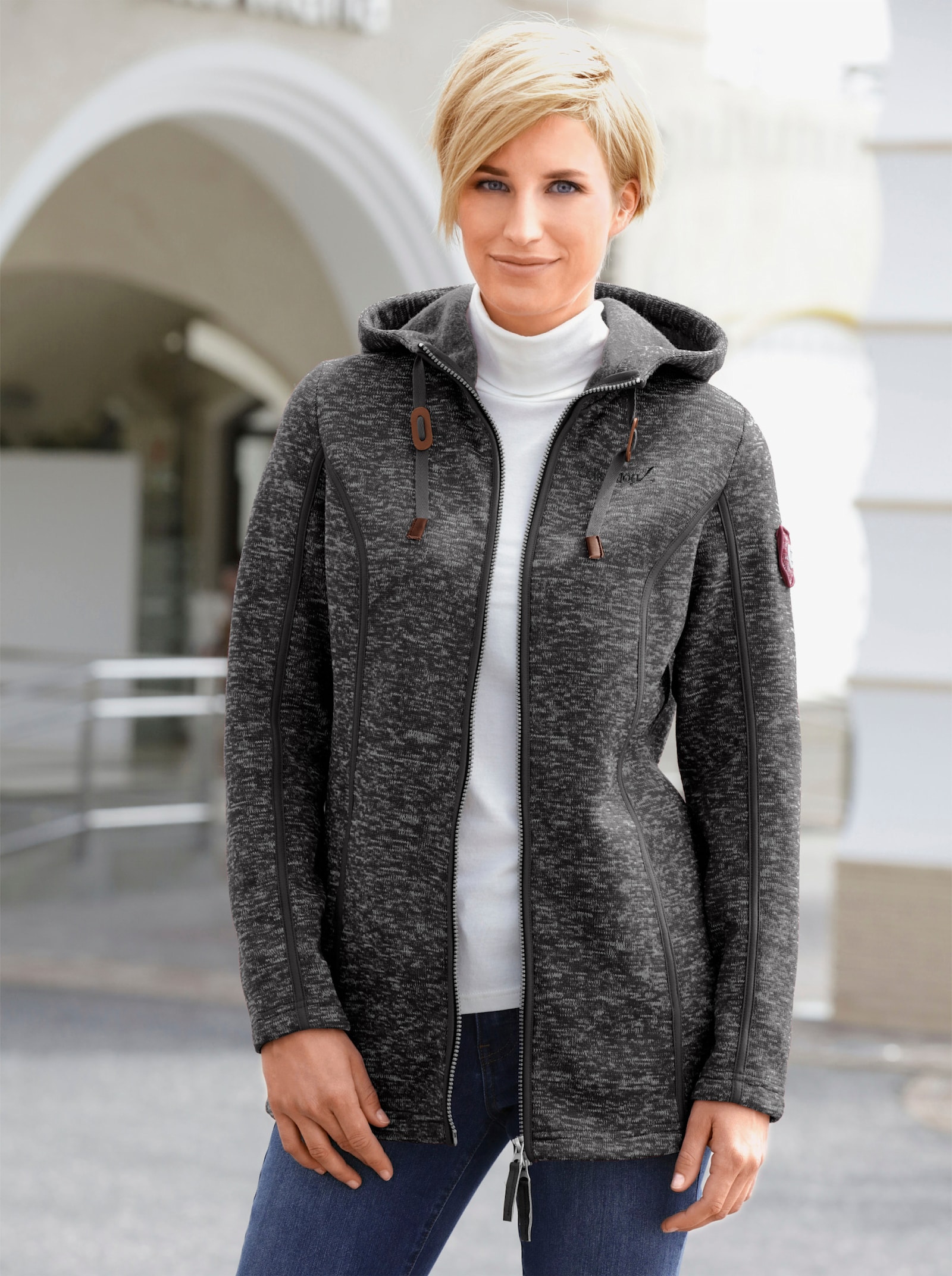 Kapuzenfleecejacke mit Umlegekragen - schwarz-meliert