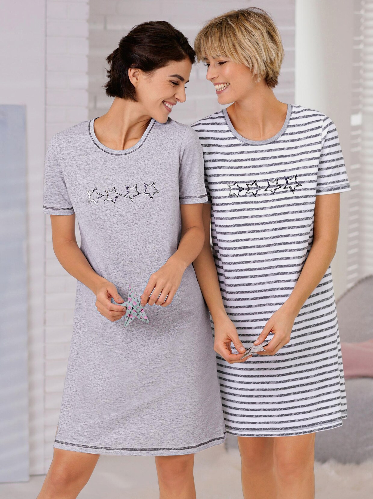 wäschepur Slaapshirts met korte mouwen - grijs + grijs gestreept