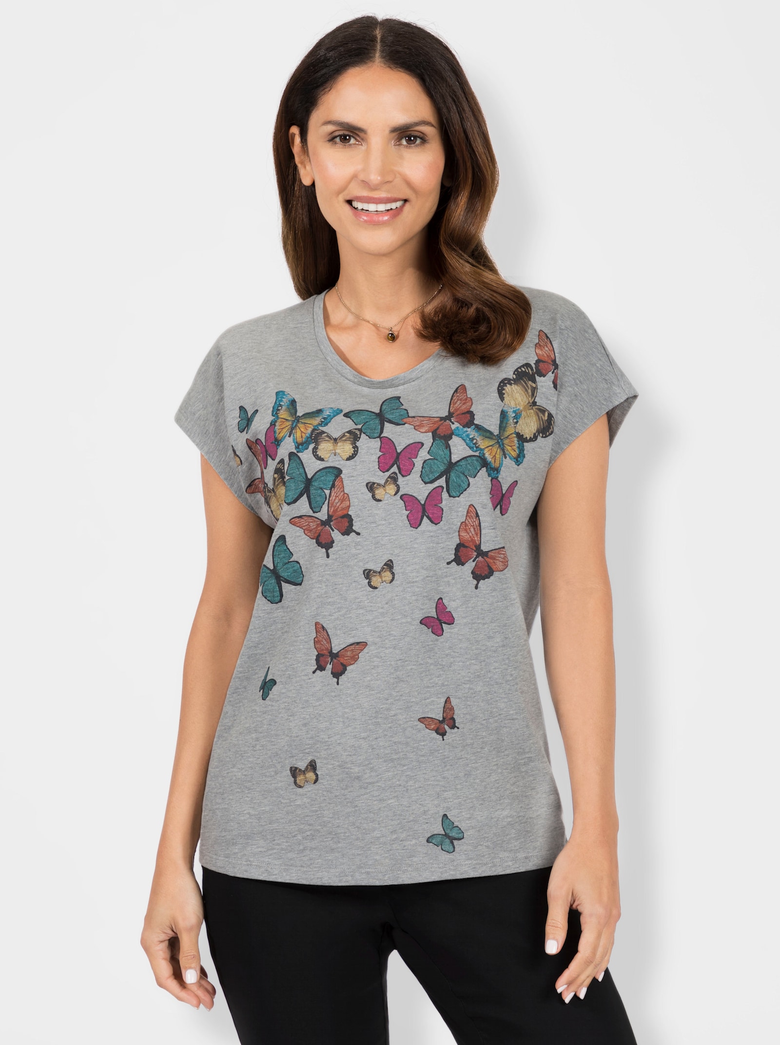 Rundhalsshirt mit Schmetterlingen bedruckt - hellgrau-salbei-meliert