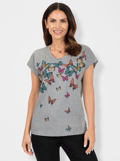 Rundhalsshirt mit Schmetterlingen bedruckt - hellgrau-salbei-meliert