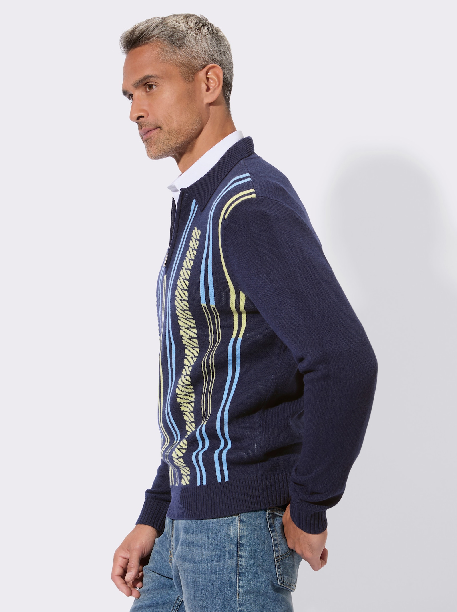 Svetr s límečkem s žakárovým vzorem - námořnická modrá-citronová-vzor