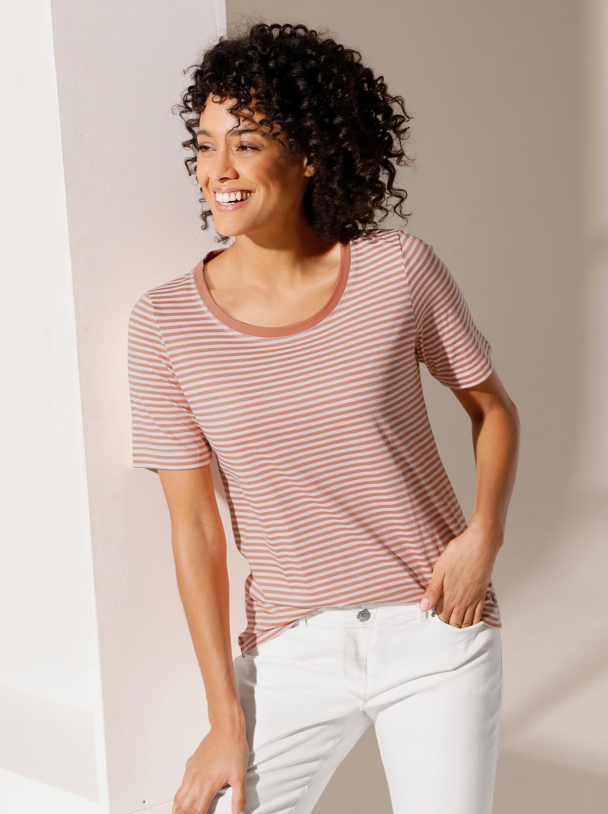 Creation L Premium Pima-Baumwoll-Shirt - papaya-ecru-geringelt