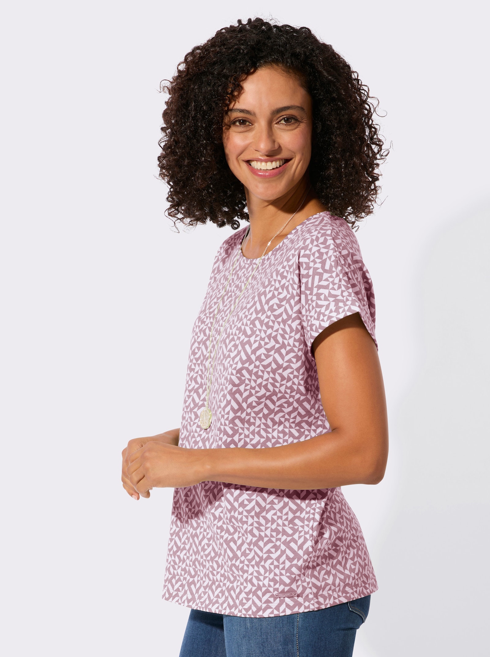Print-Shirt mit paspeliertem Ausschnitt - mauve-ecru